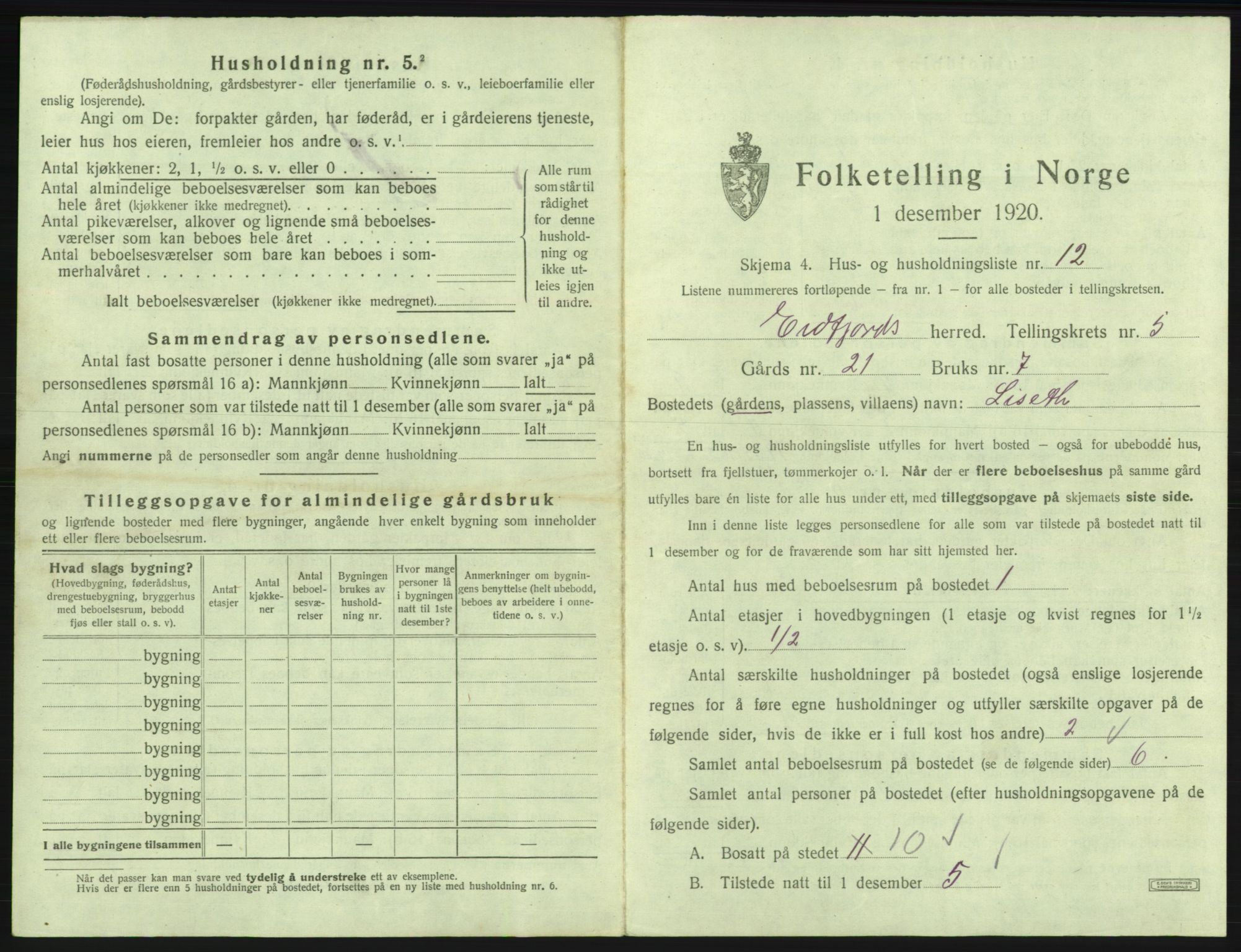 SAB, 1920 census for Eidfjord, 1920, p. 312