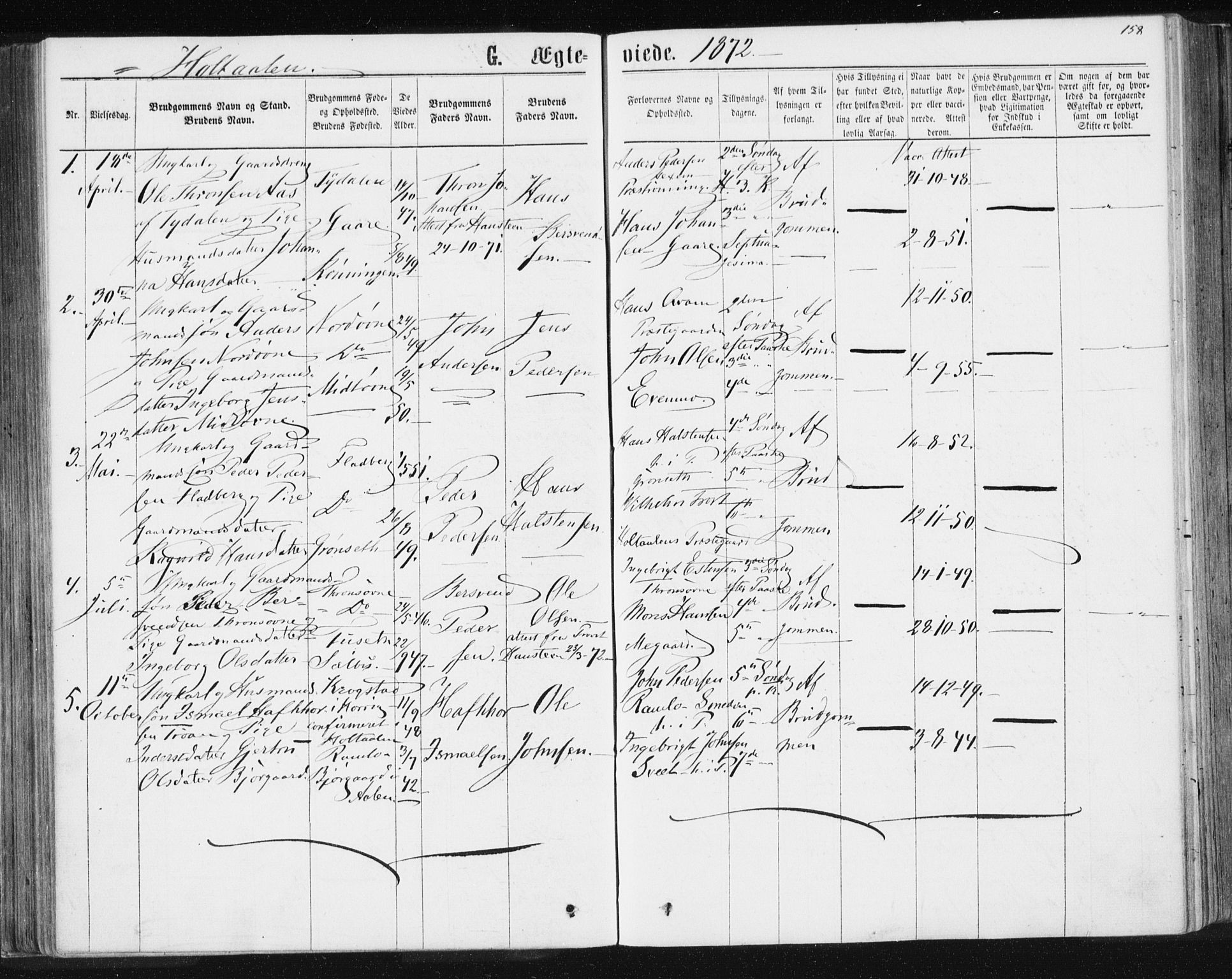 Ministerialprotokoller, klokkerbøker og fødselsregistre - Sør-Trøndelag, SAT/A-1456/685/L0969: Parish register (official) no. 685A08 /1, 1870-1878, p. 158