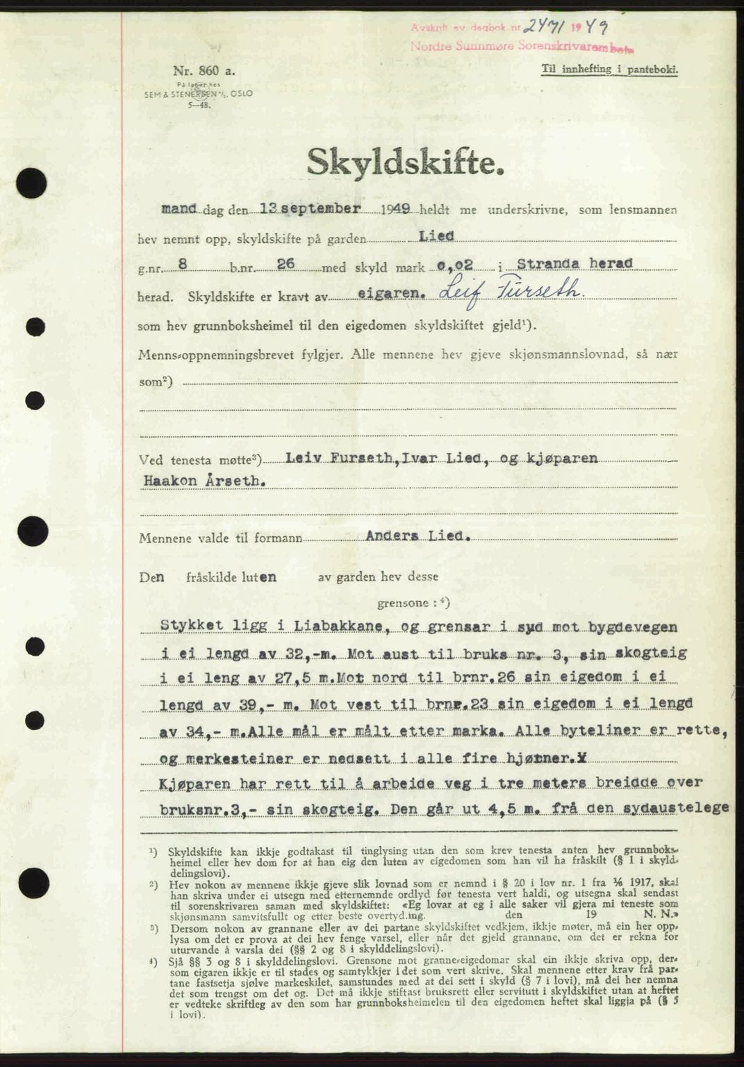 Nordre Sunnmøre sorenskriveri, AV/SAT-A-0006/1/2/2C/2Ca: Mortgage book no. A32, 1949-1949, Diary no: : 2471/1949