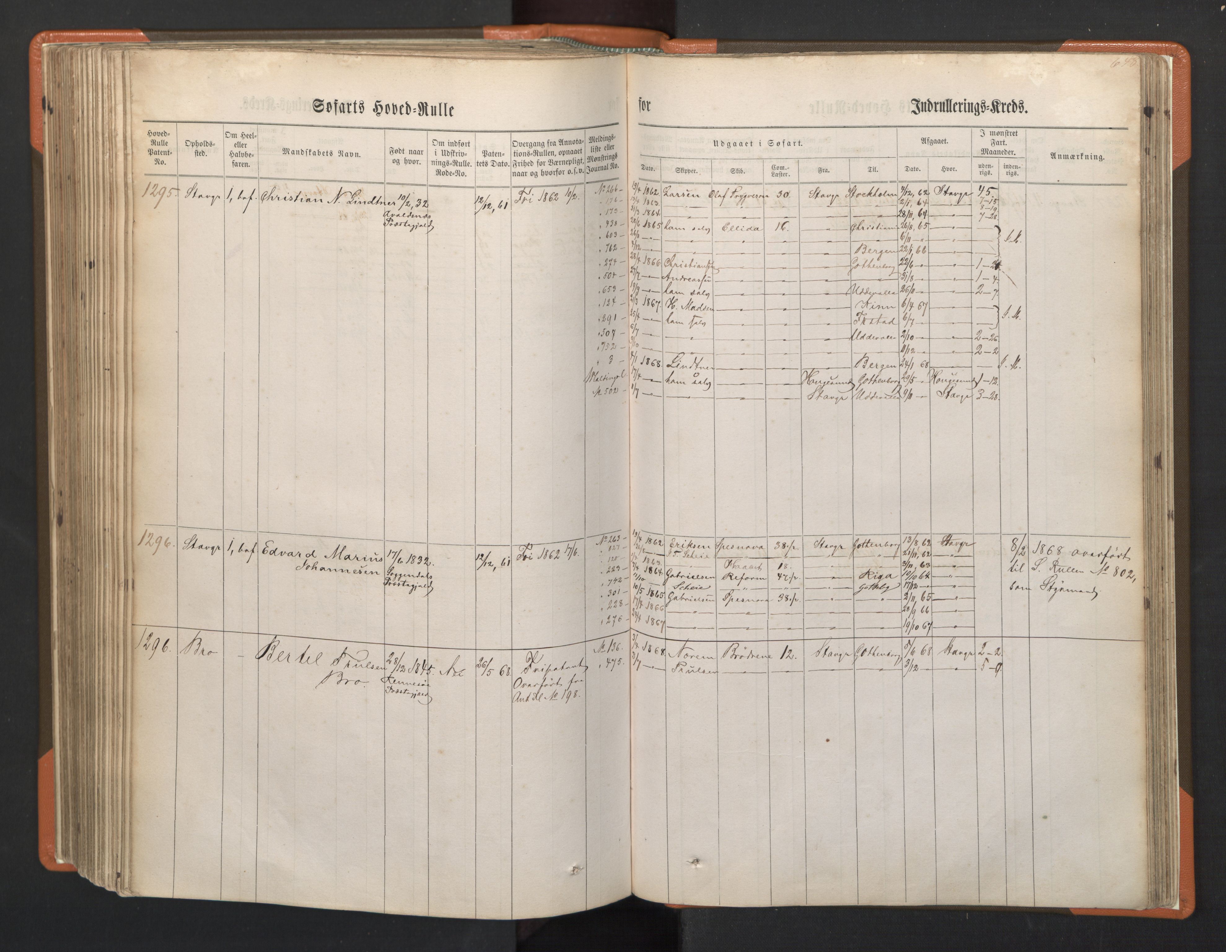 Stavanger sjømannskontor, AV/SAST-A-102006/F/Fb/Fbb/L0002: Sjøfartshovedrulle, patentnr. 721-1450 (del 2), 1863, p. 296