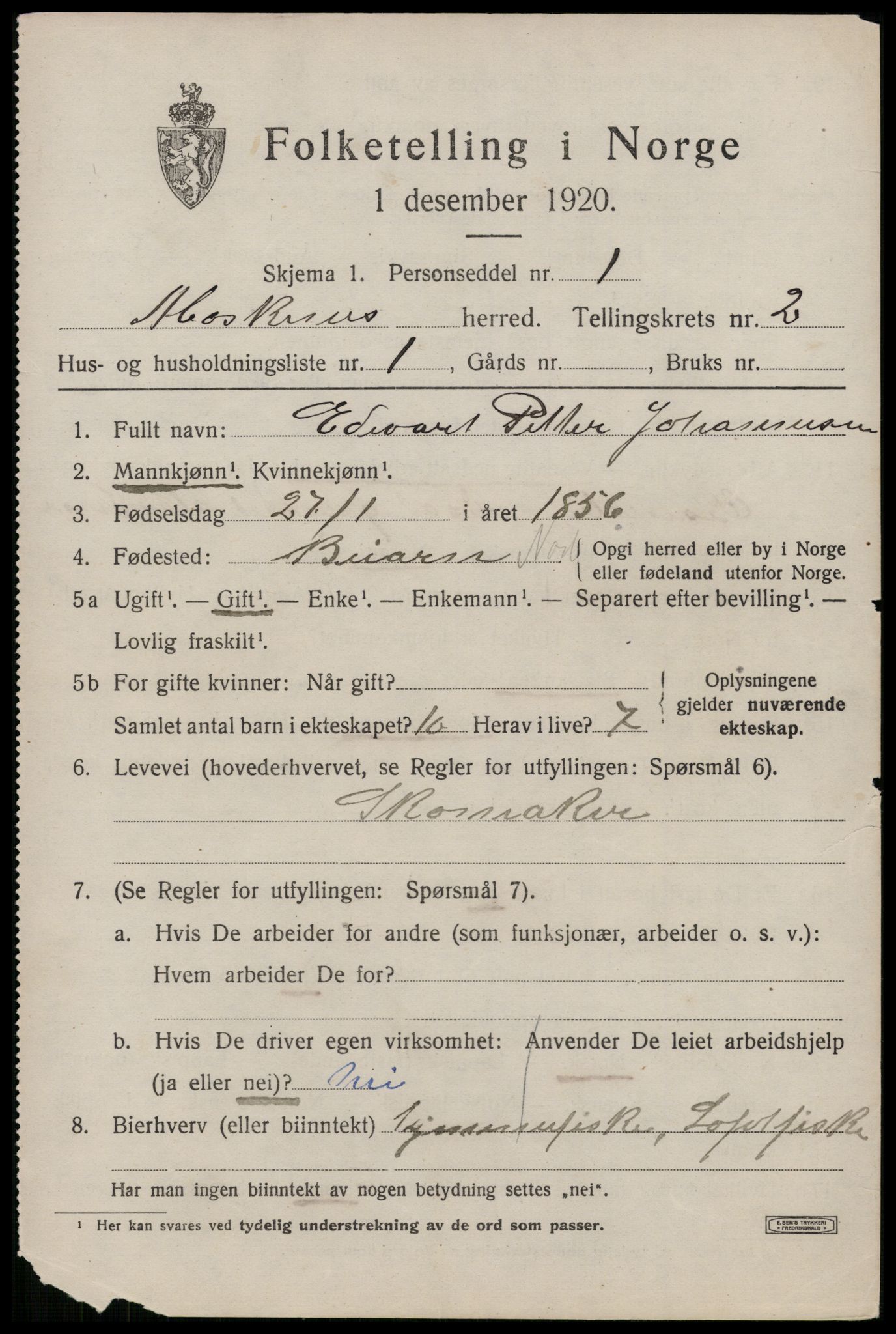 SAT, 1920 census for Moskenes, 1920, p. 1066