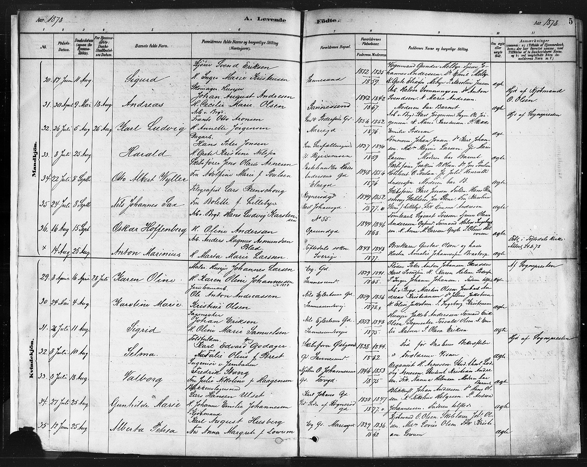 Sarpsborg prestekontor Kirkebøker, SAO/A-2006/F/Fa/L0003: Parish register (official) no. 3, 1878-1891, p. 5