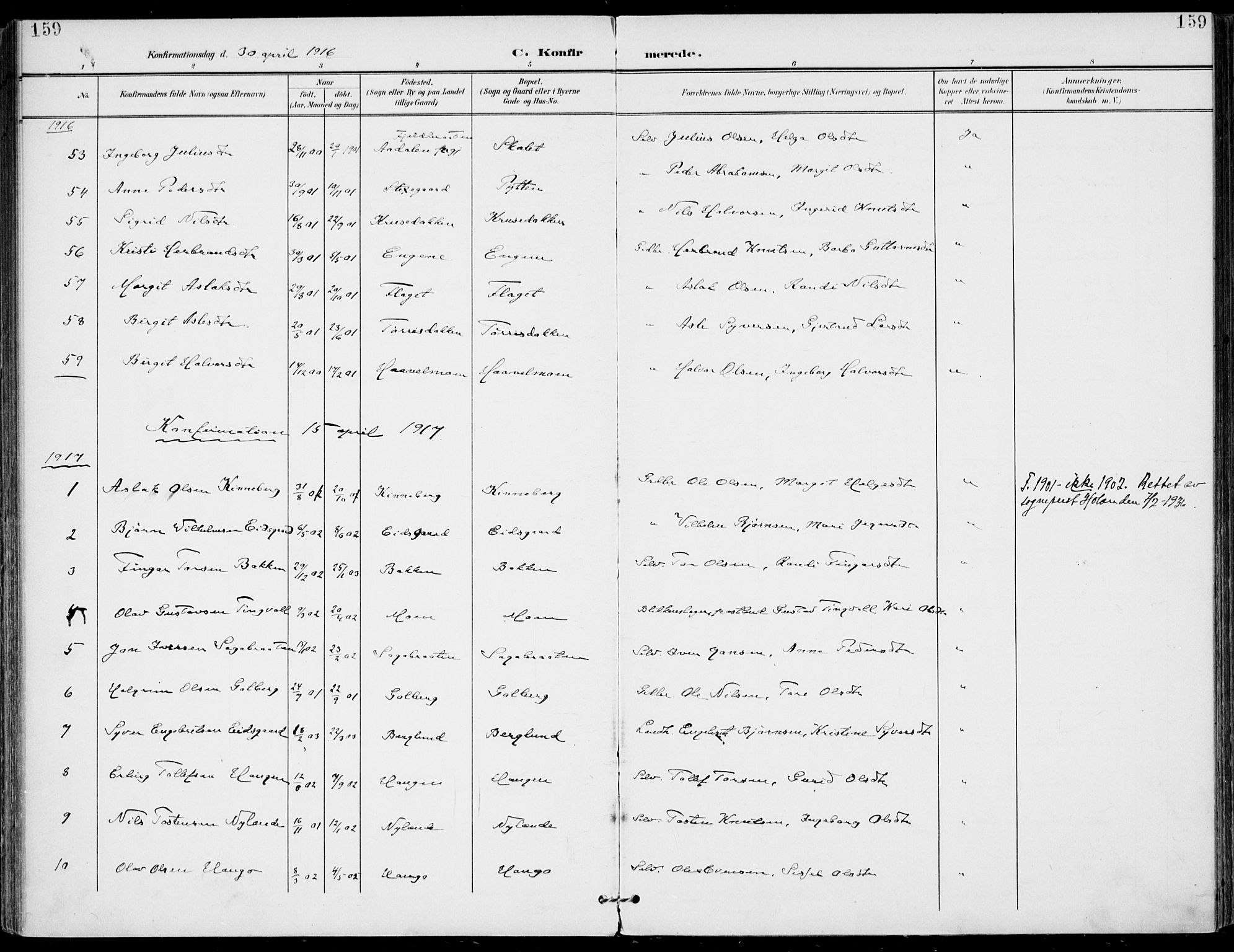 Gol kirkebøker, SAKO/A-226/F/Fa/L0006: Parish register (official) no. I 6, 1901-1918, p. 159