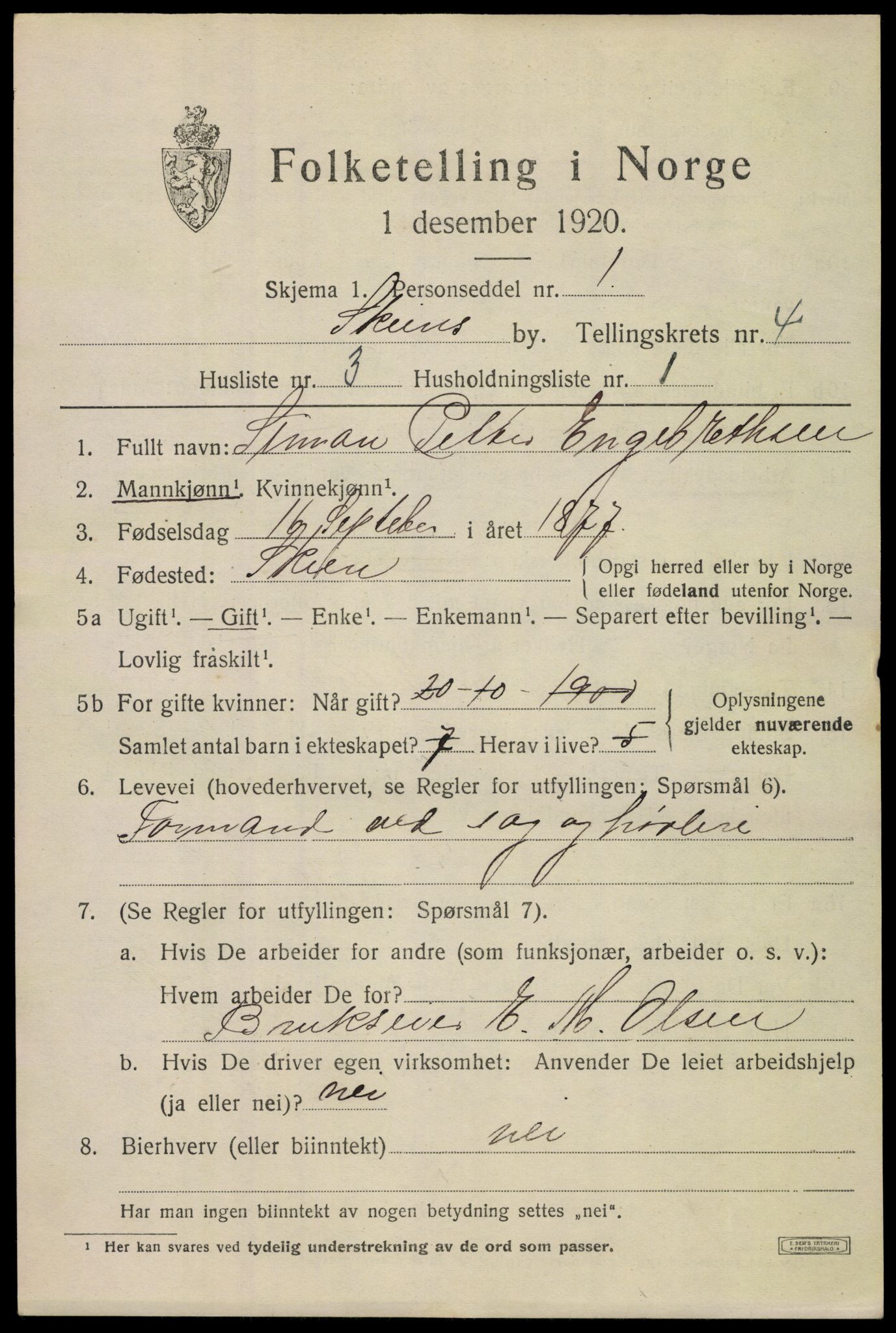 SAKO, 1920 census for Skien, 1920, p. 16840