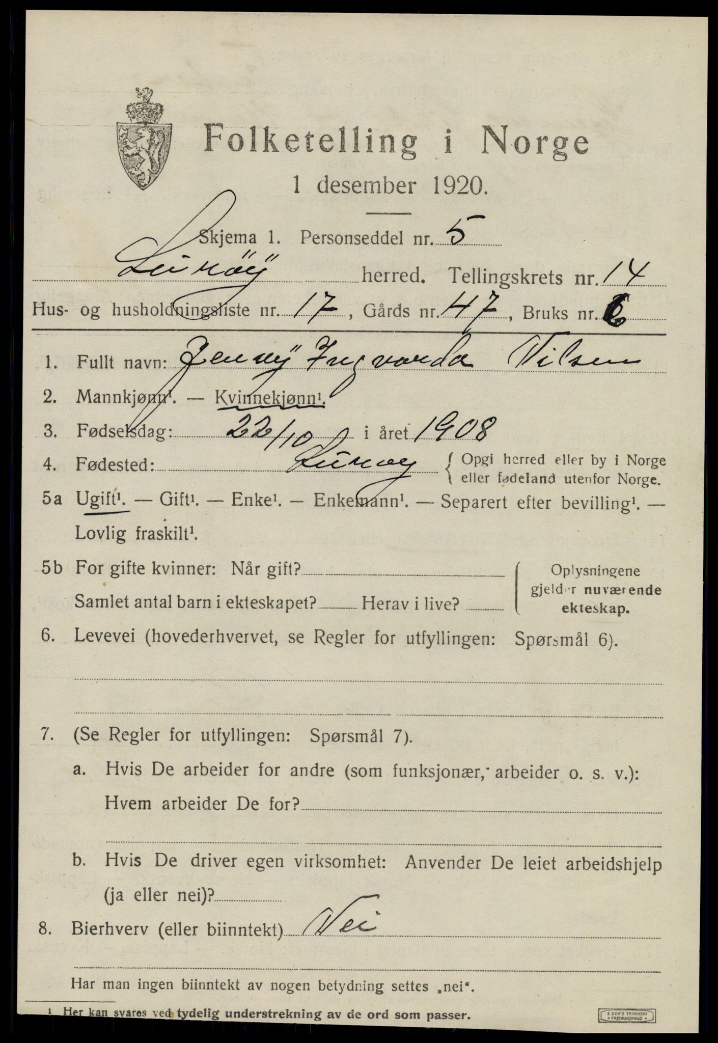 SAT, 1920 census for Lurøy, 1920, p. 5639