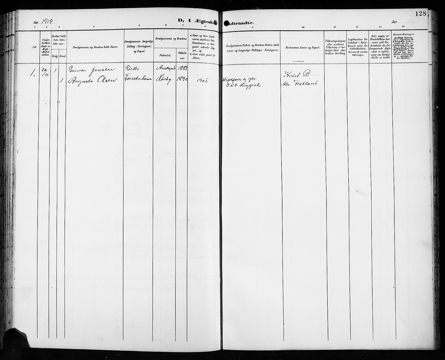 Åseral sokneprestkontor, AV/SAK-1111-0051/F/Fb/L0003: Parish register (copy) no. B 3, 1900-1919, p. 128