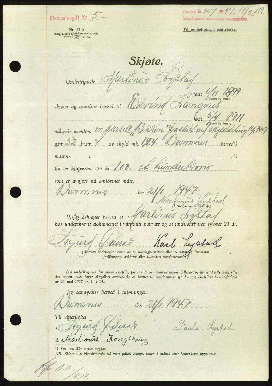 Nordmøre sorenskriveri, AV/SAT-A-4132/1/2/2Ca: Mortgage book no. A104, 1947-1947, Diary no: : 367/1947