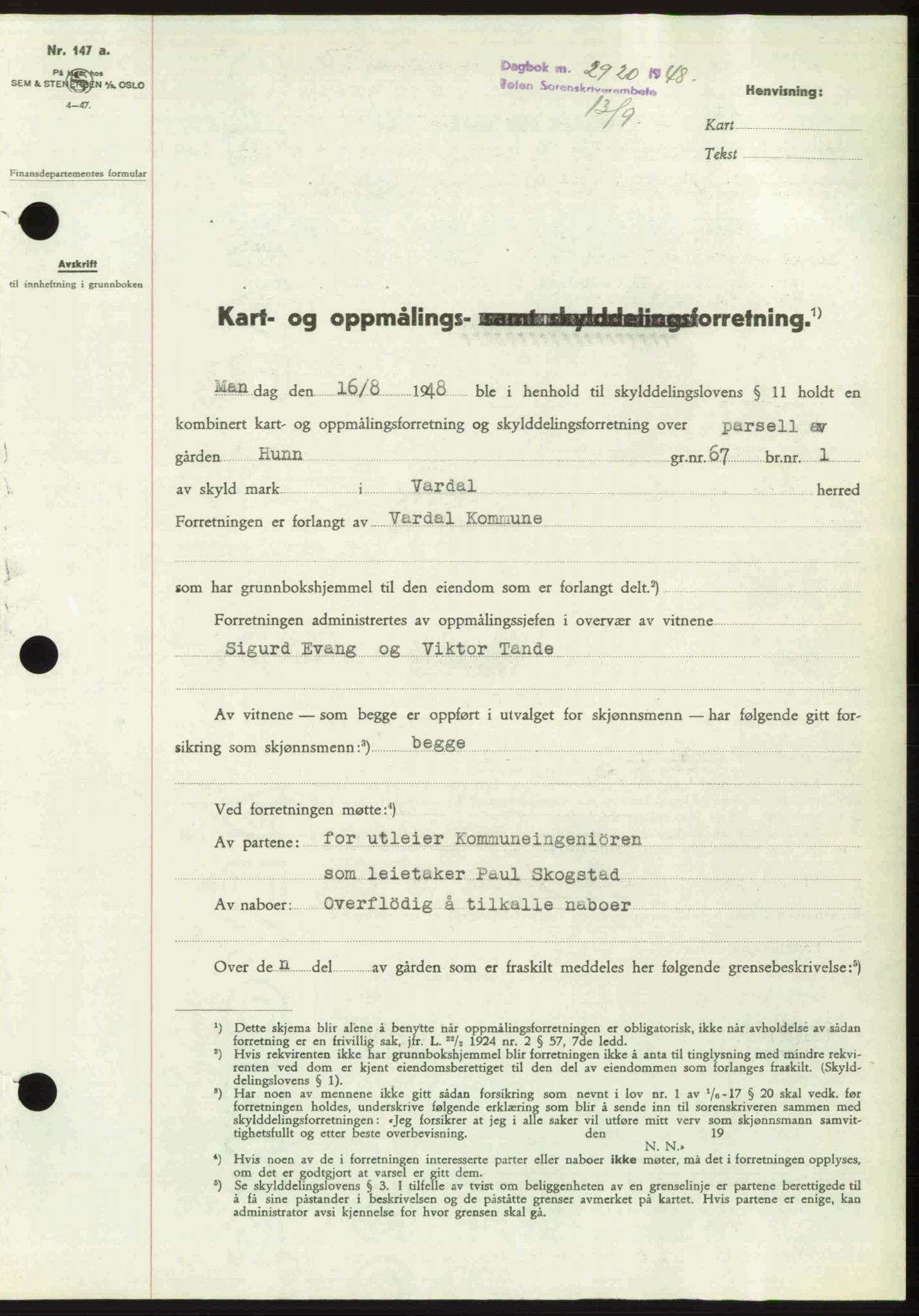 Toten tingrett, SAH/TING-006/H/Hb/Hbc/L0020: Mortgage book no. Hbc-20, 1948-1948, Diary no: : 2920/1948
