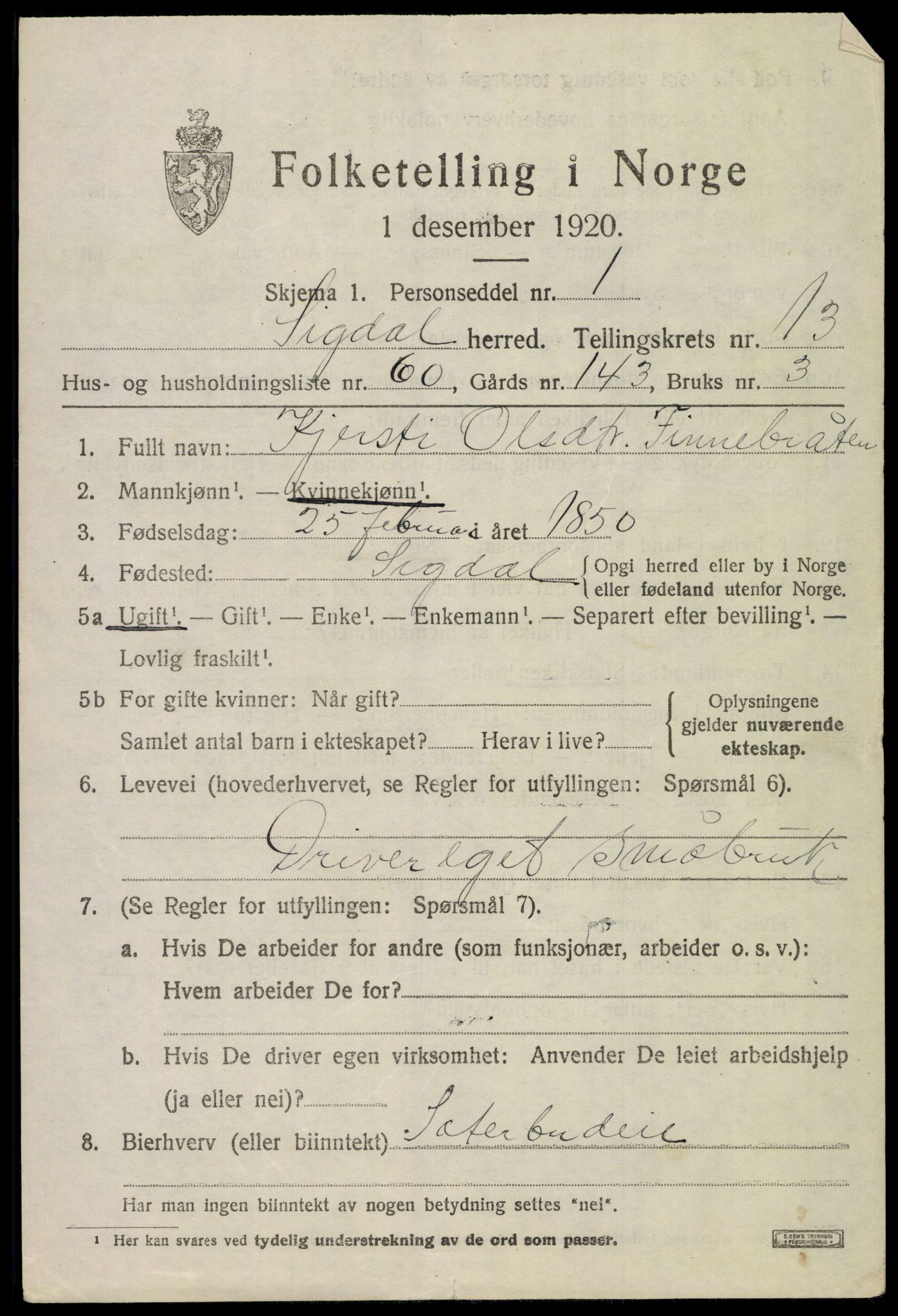 SAKO, 1920 census for Sigdal, 1920, p. 8662