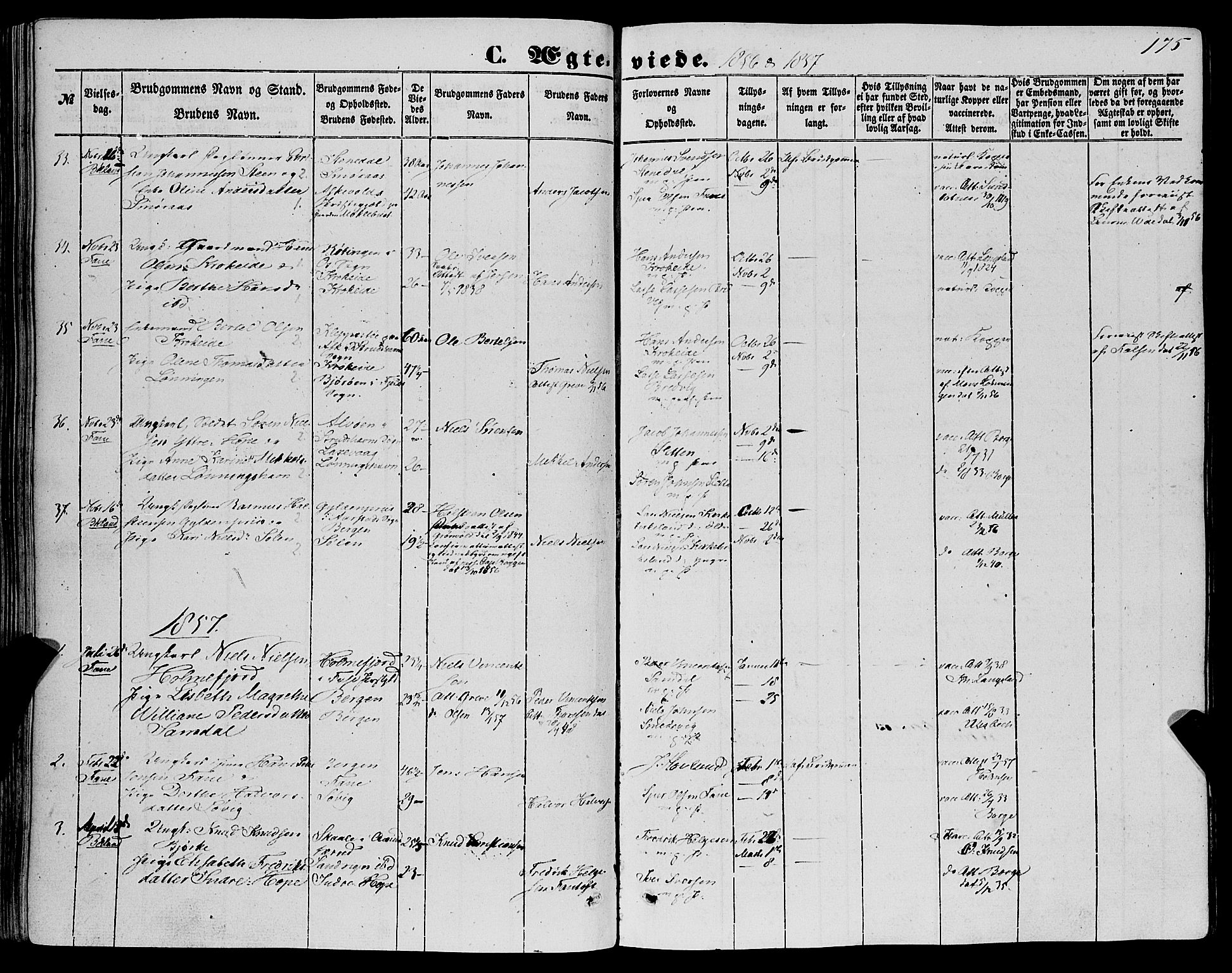 Fana Sokneprestembete, SAB/A-75101/H/Haa/Haaa/L0011: Parish register (official) no. A 11, 1851-1862, p. 175