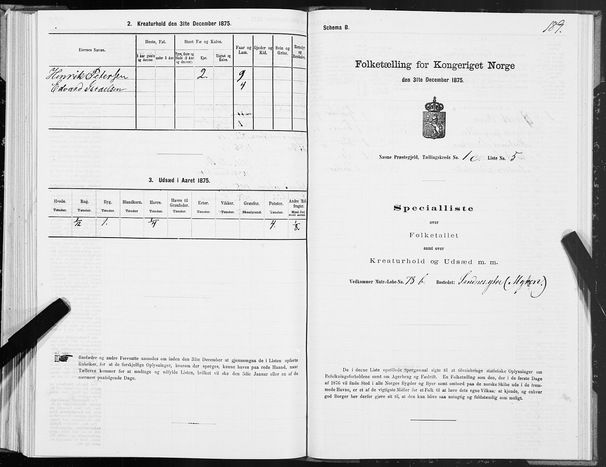 SAT, 1875 census for 1828P Nesna, 1875, p. 1189