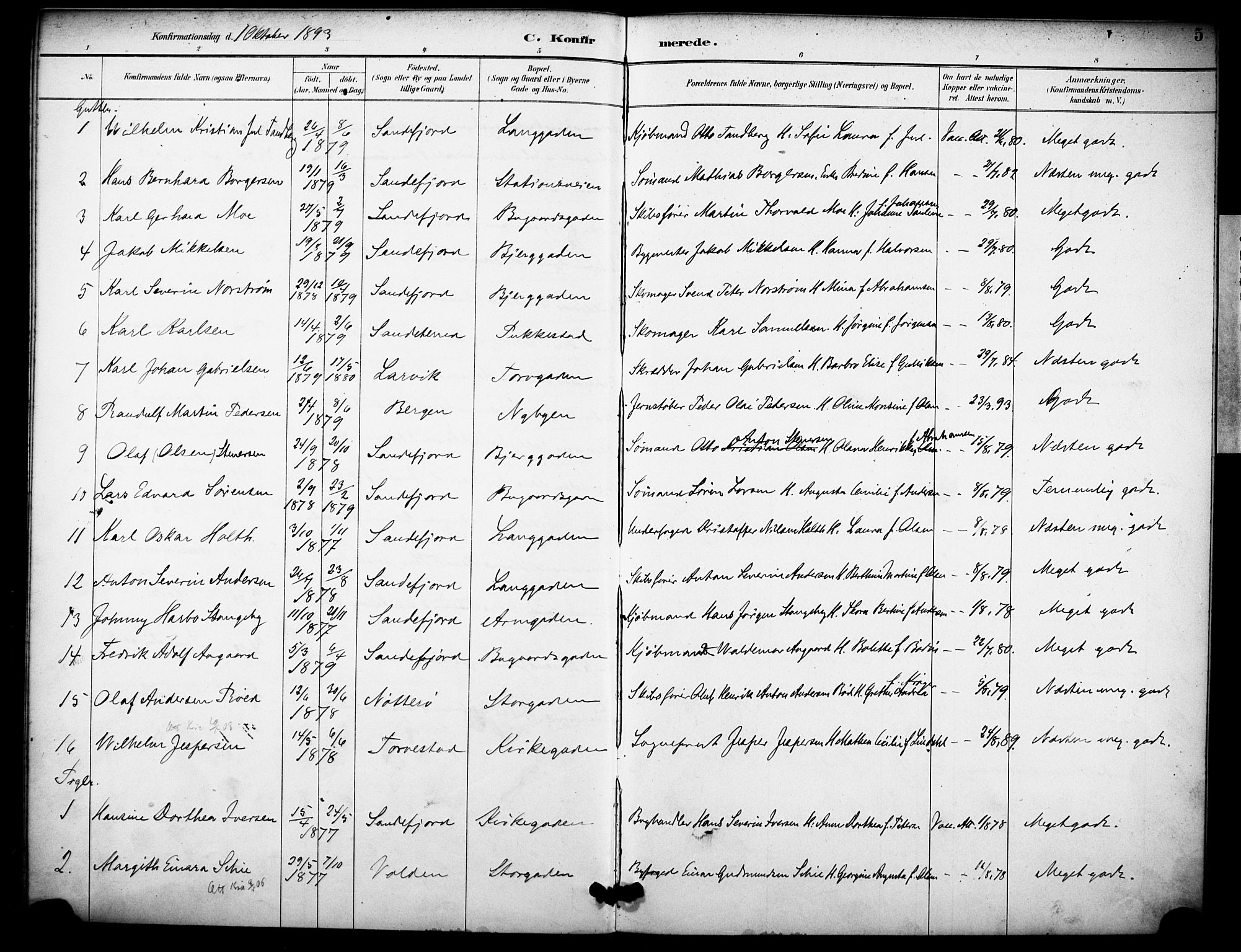 Sandefjord kirkebøker, AV/SAKO-A-315/F/Fa/L0003: Parish register (official) no. 3, 1892-1894, p. 5