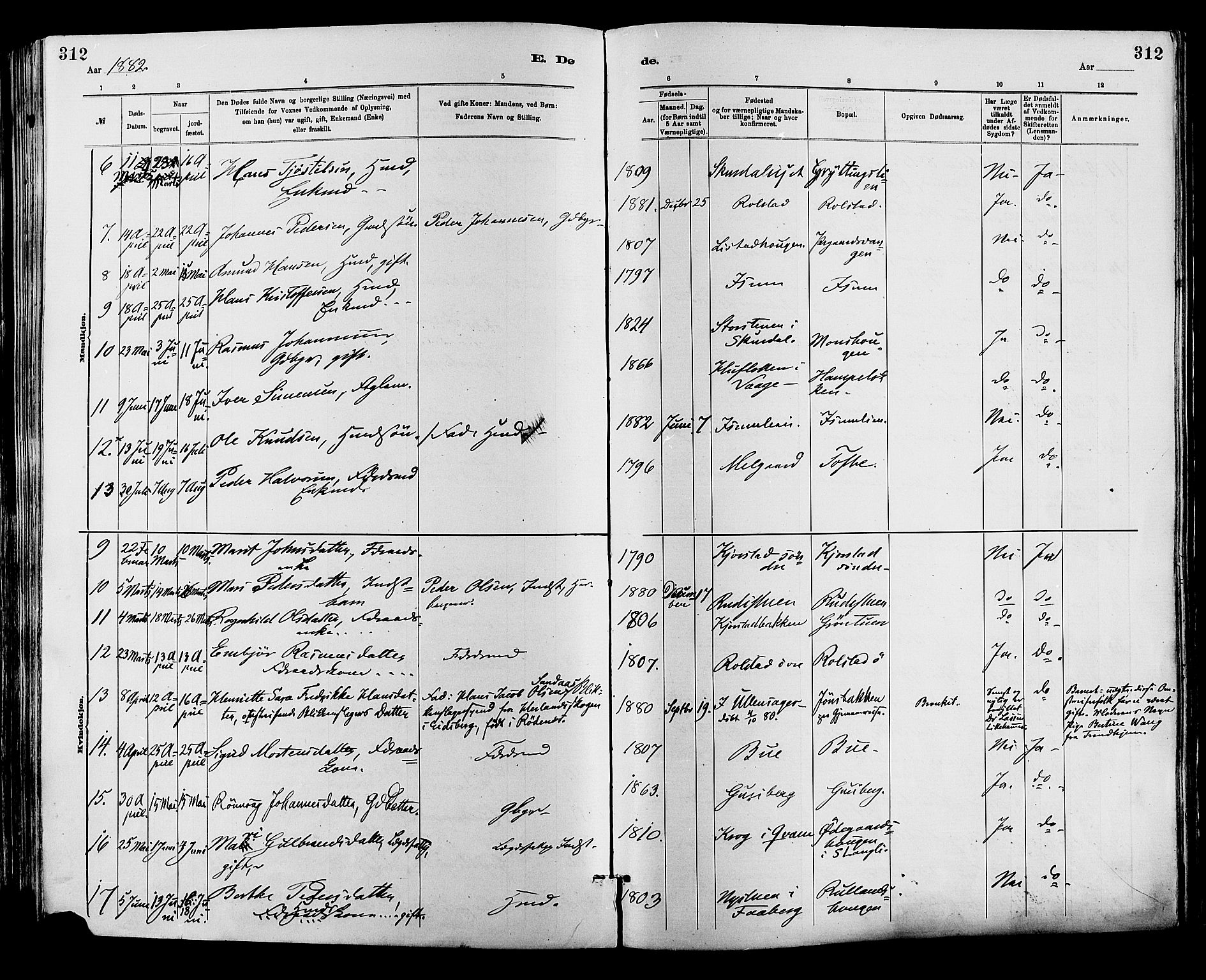 Sør-Fron prestekontor, SAH/PREST-010/H/Ha/Haa/L0003: Parish register (official) no. 3, 1881-1897, p. 312