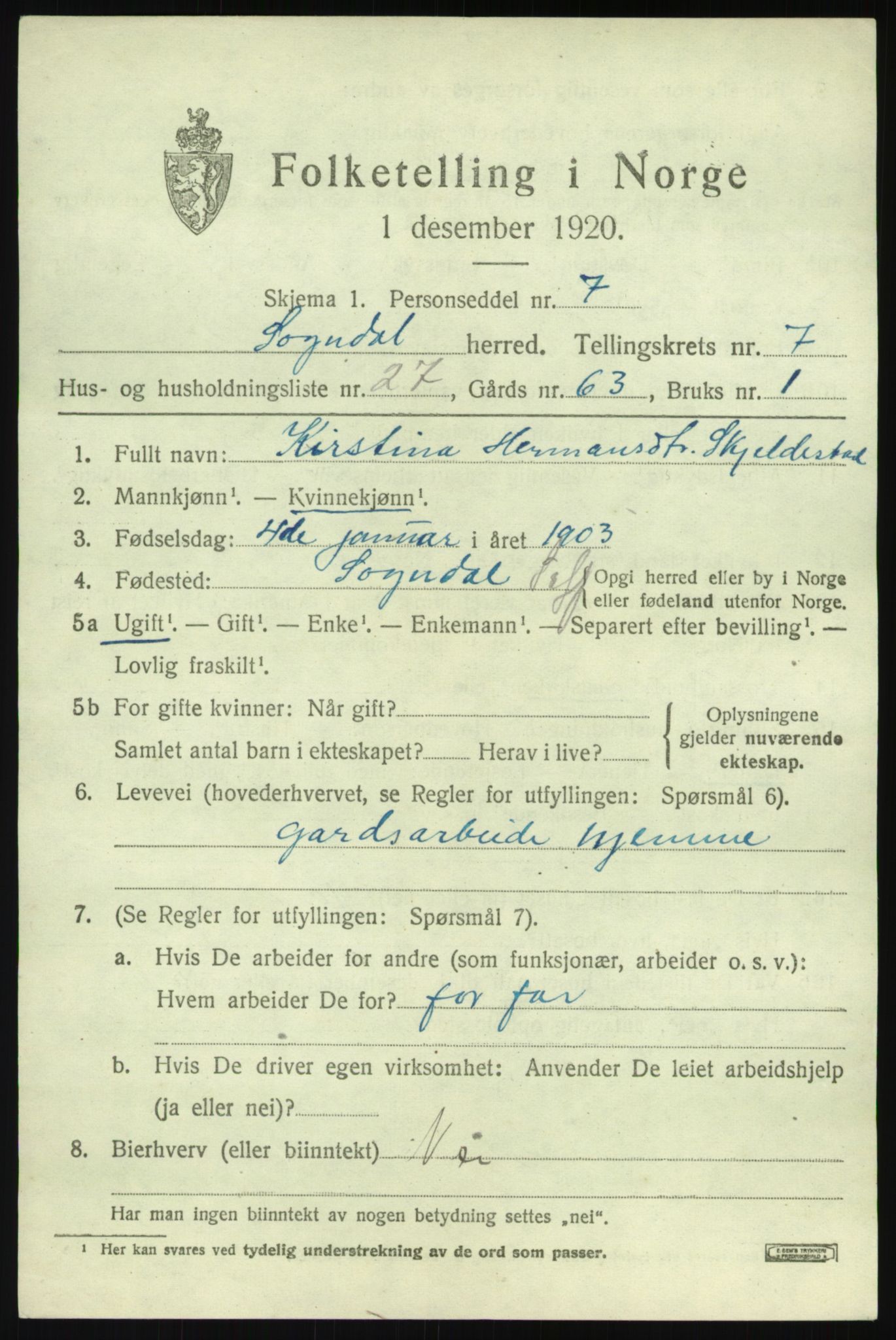 SAB, 1920 census for Sogndal, 1920, p. 3711