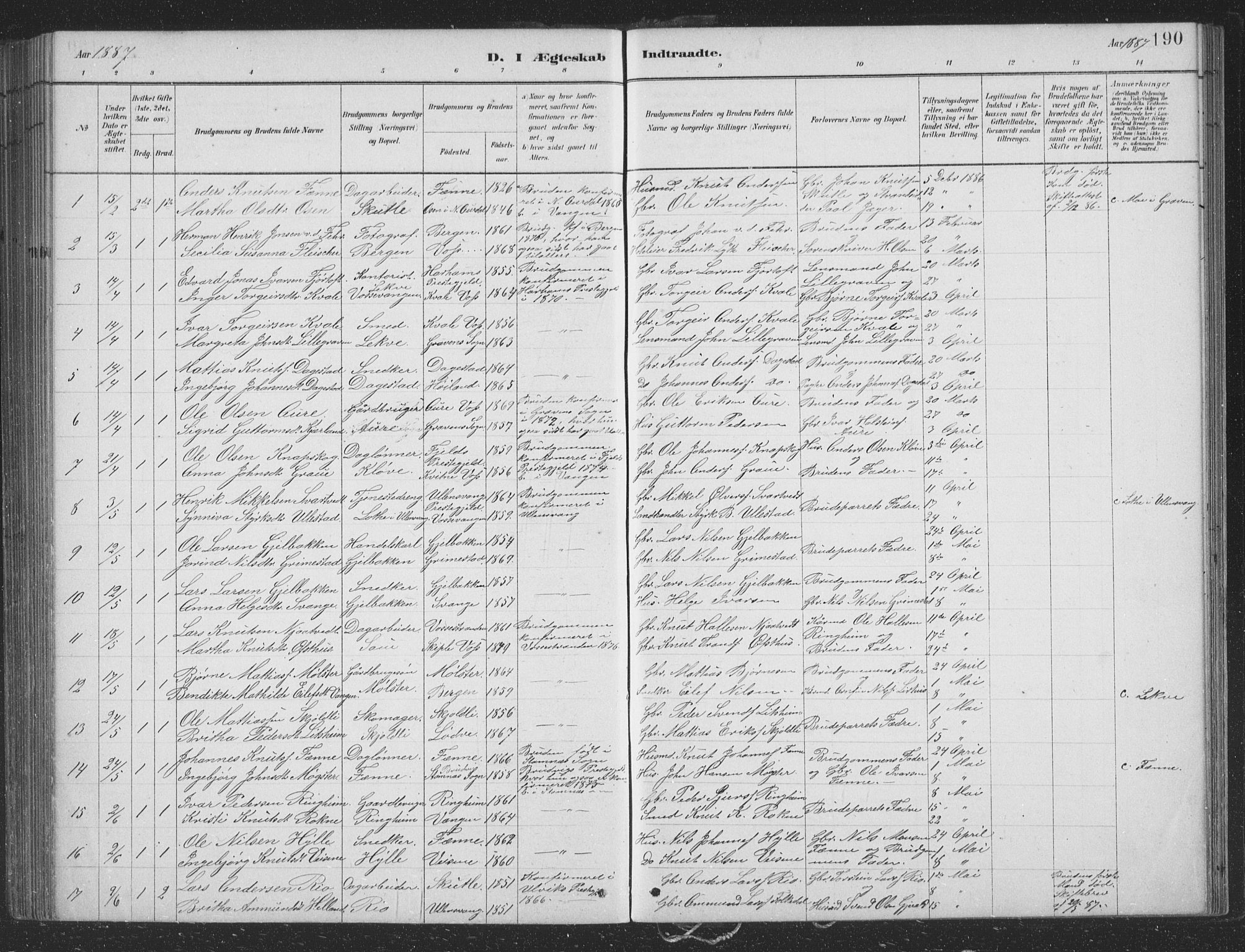 Voss sokneprestembete, SAB/A-79001/H/Hab: Parish register (copy) no. B 3, 1879-1894, p. 190