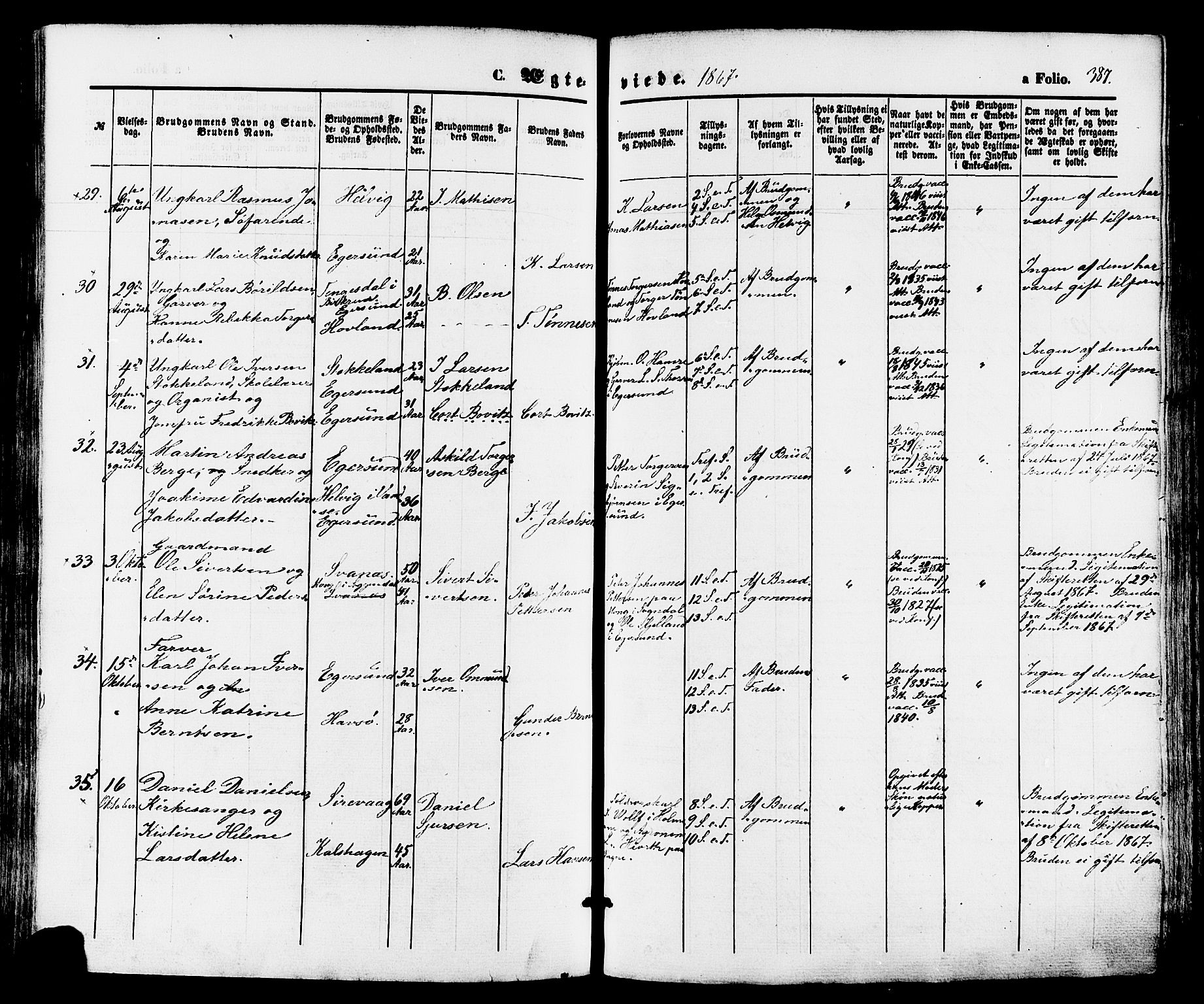 Eigersund sokneprestkontor, SAST/A-101807/S08/L0014: Parish register (official) no. A 13, 1866-1878, p. 387