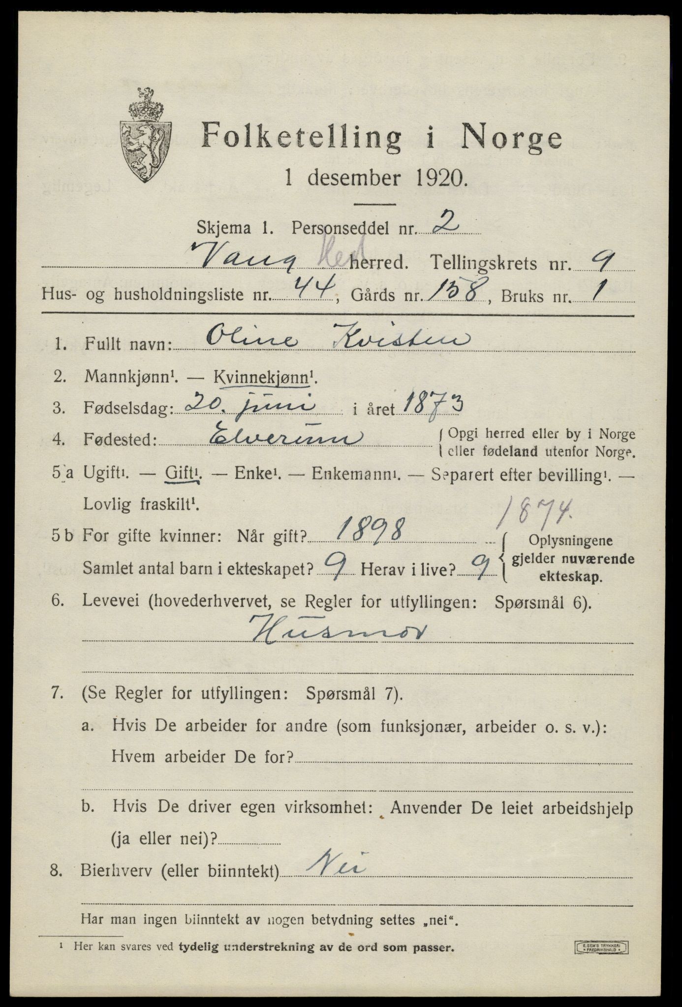 SAH, 1920 census for Vang (Hedmark), 1920, p. 18621