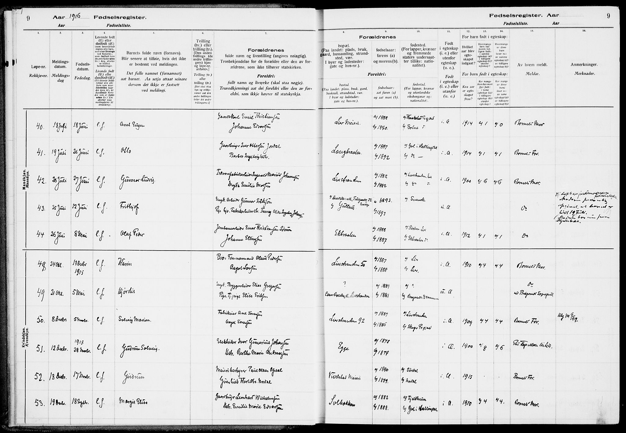 Lier kirkebøker, AV/SAKO-A-230/J/Ja/L0001: Birth register no. 1, 1916-1928, p. 9