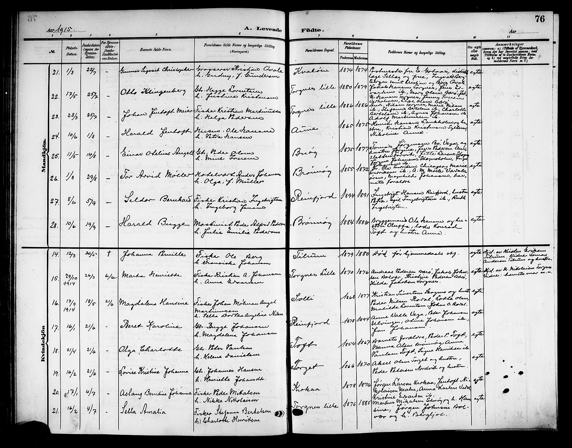 Ministerialprotokoller, klokkerbøker og fødselsregistre - Nordland, AV/SAT-A-1459/813/L0214: Parish register (copy) no. 813C06, 1904-1917, p. 76