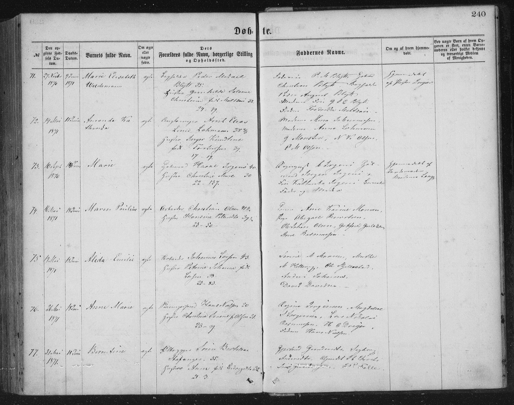 Korskirken sokneprestembete, AV/SAB-A-76101/H/Haa/L0019: Parish register (official) no. B 5, 1866-1871, p. 240