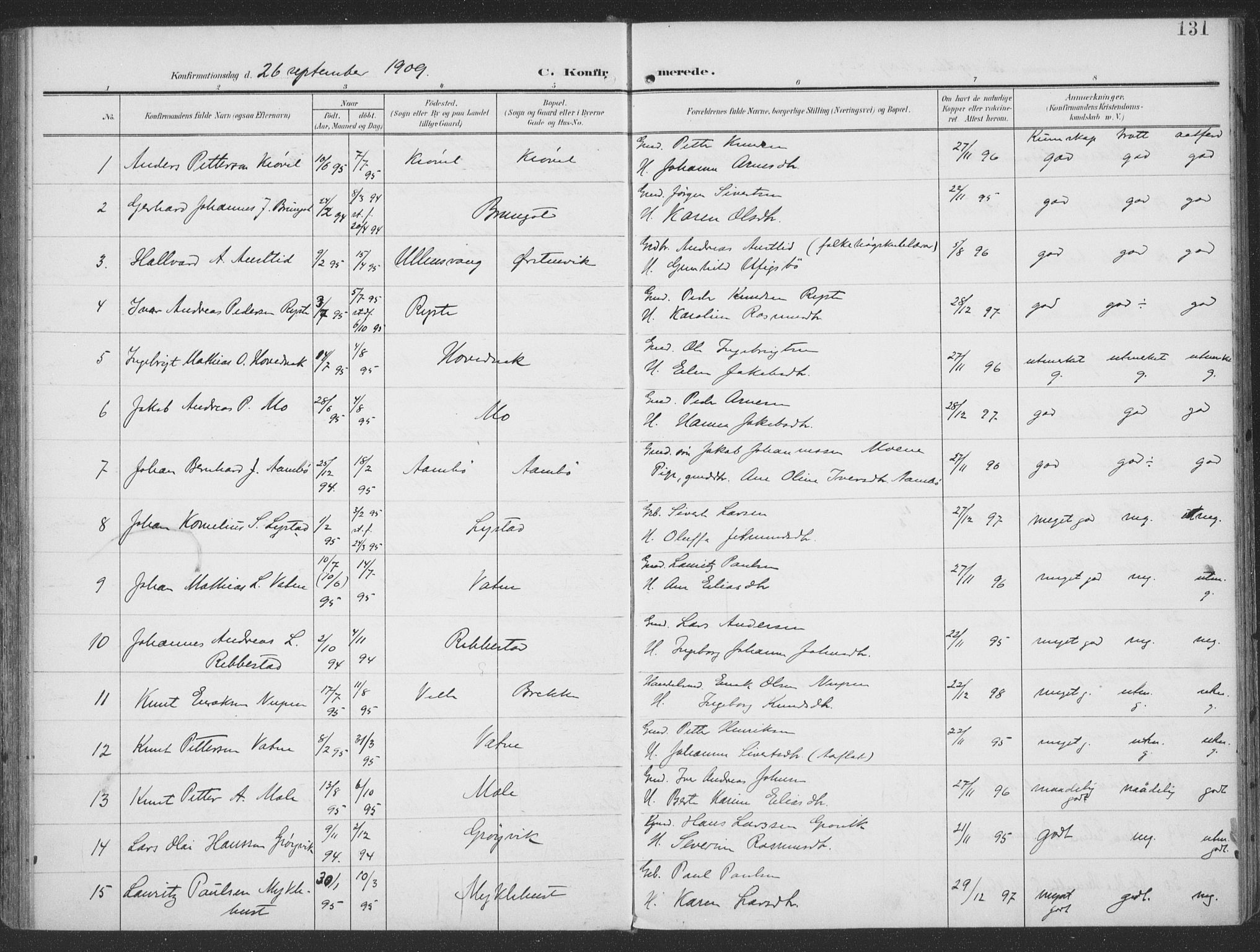 Ministerialprotokoller, klokkerbøker og fødselsregistre - Møre og Romsdal, SAT/A-1454/513/L0178: Parish register (official) no. 513A05, 1906-1919, p. 131