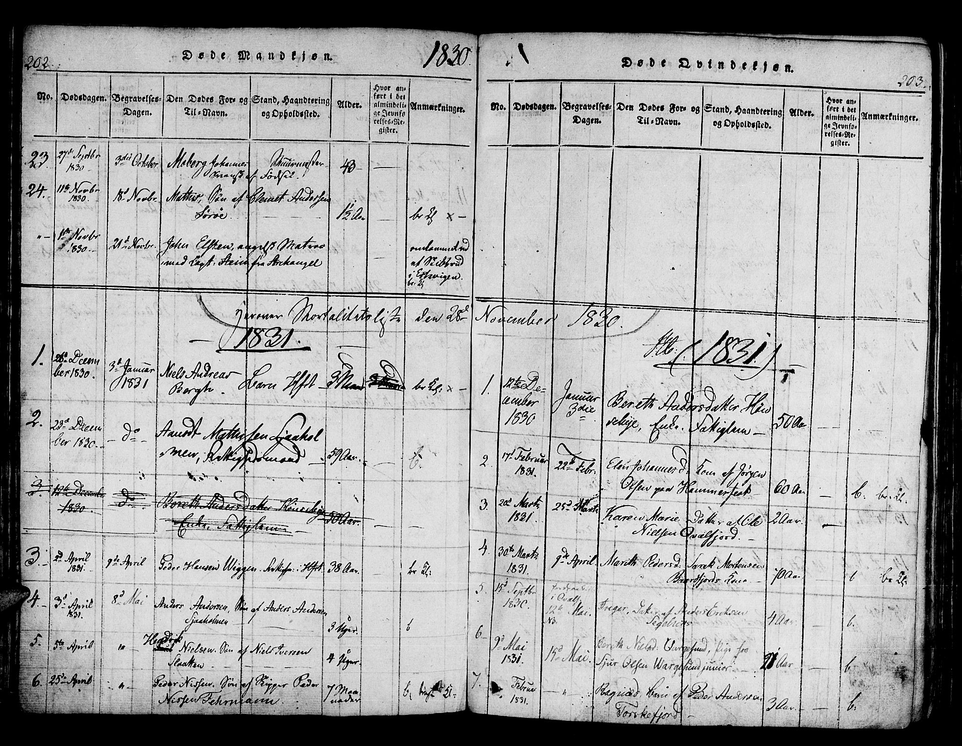 Hammerfest sokneprestkontor, AV/SATØ-S-1347/H/Ha/L0003.kirke: Parish register (official) no. 3, 1821-1842, p. 202-203