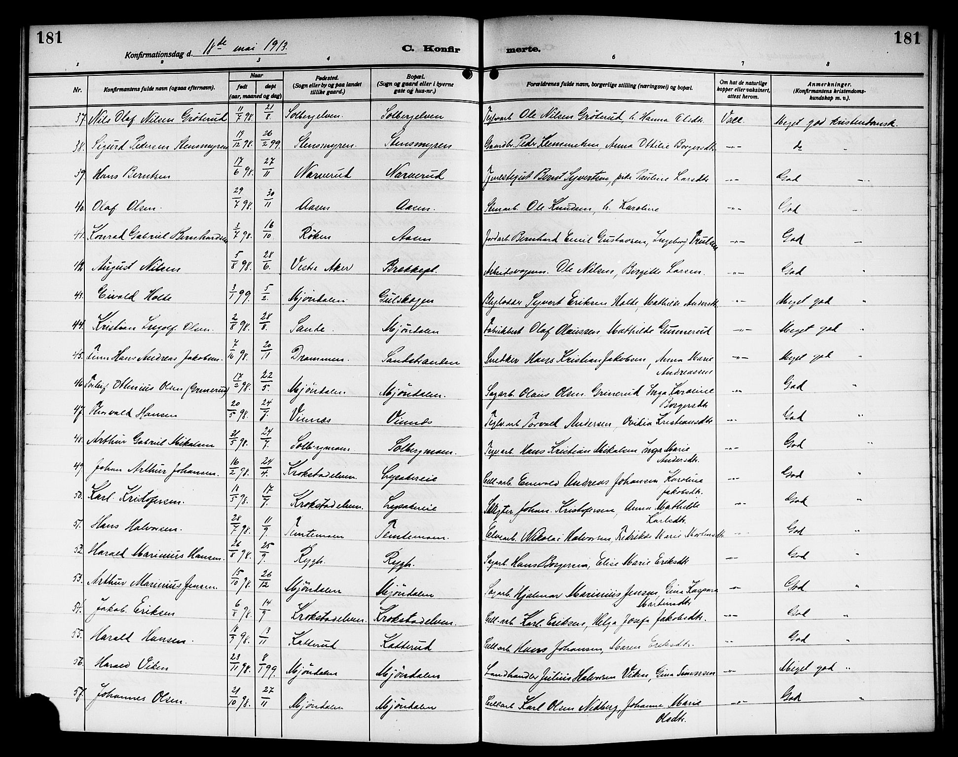 Nedre Eiker kirkebøker, SAKO/A-612/G/Ga/L0005: Parish register (copy) no. 5, 1913-1921, p. 181