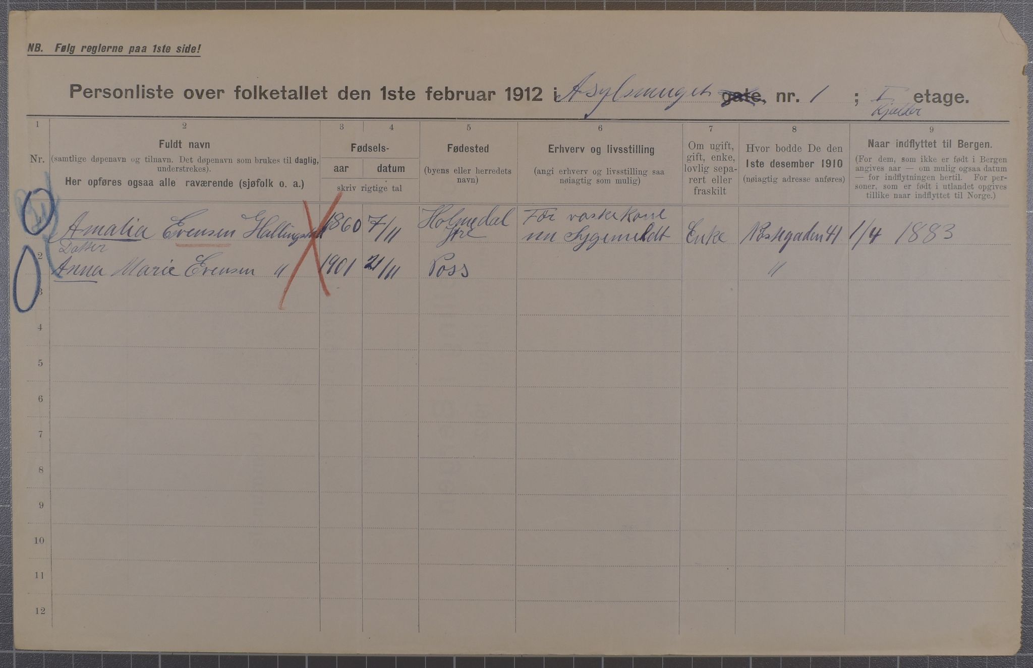 SAB, Municipal Census 1912 for Bergen, 1912, p. 1701