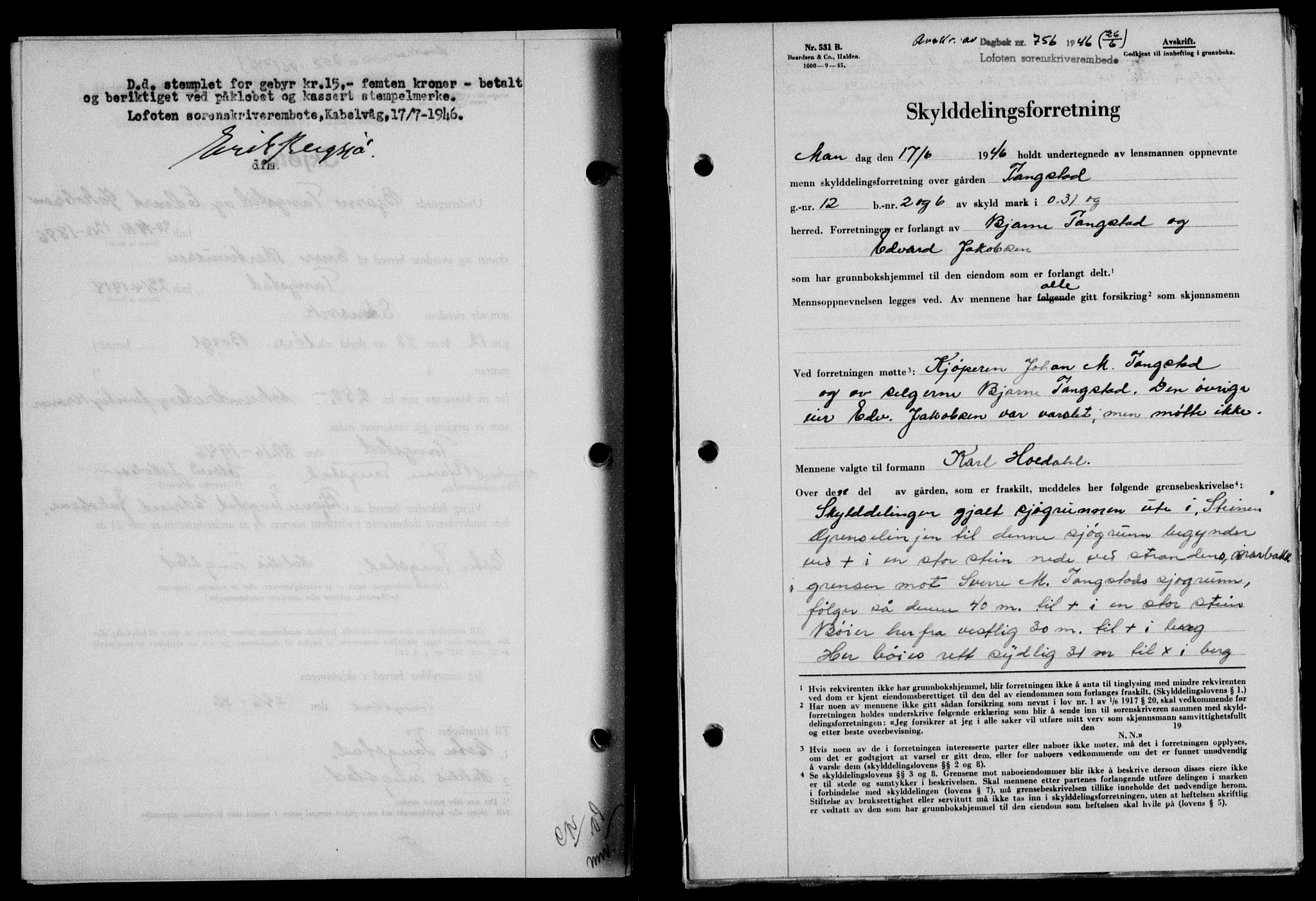 Lofoten sorenskriveri, SAT/A-0017/1/2/2C/L0014a: Mortgage book no. 14a, 1946-1946, Diary no: : 756/1946