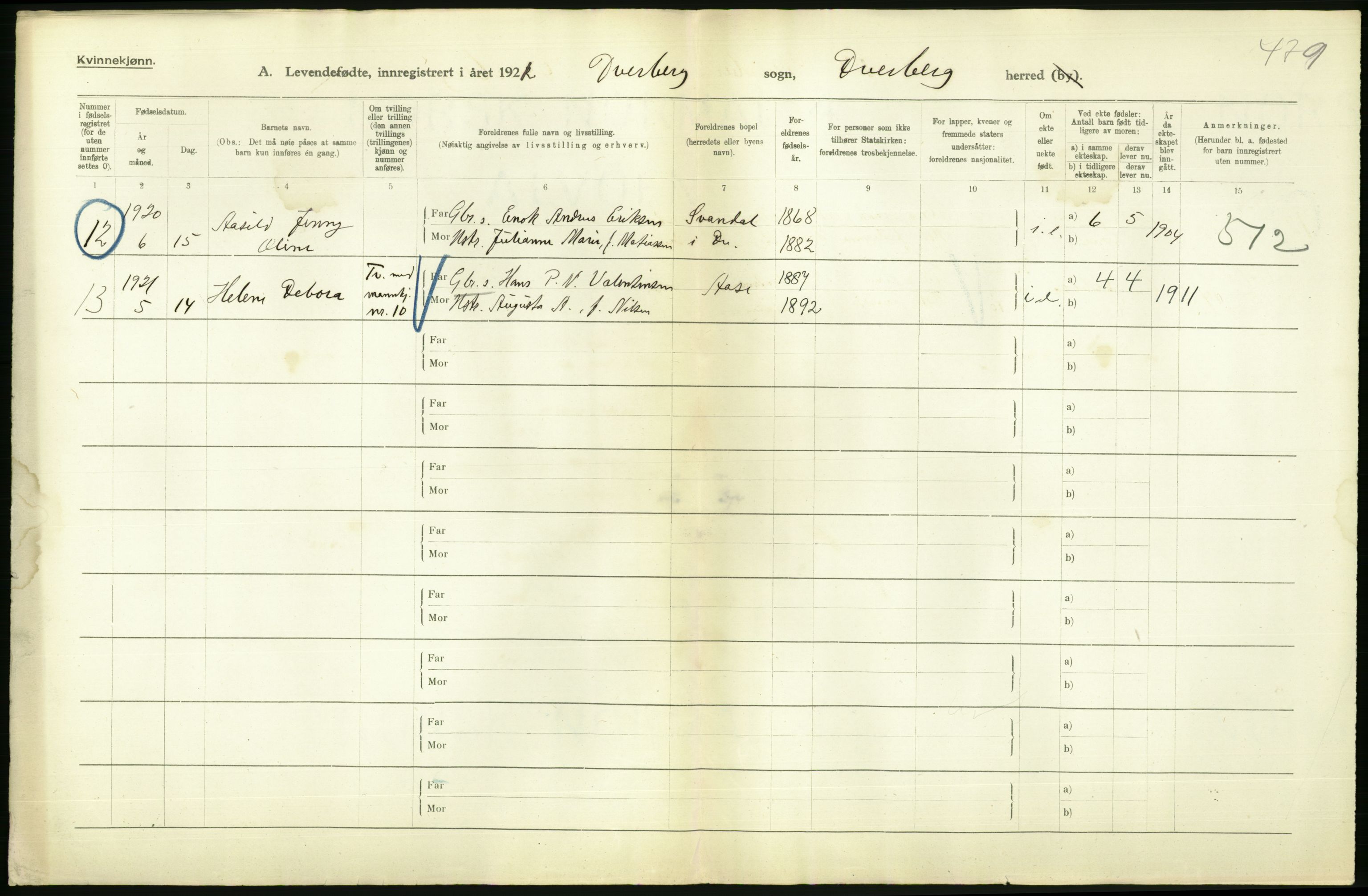 Statistisk sentralbyrå, Sosiodemografiske emner, Befolkning, AV/RA-S-2228/D/Df/Dfc/Dfca/L0049: Nordland fylke: Levendefødte menn og kvinner. Bygder., 1921, p. 456