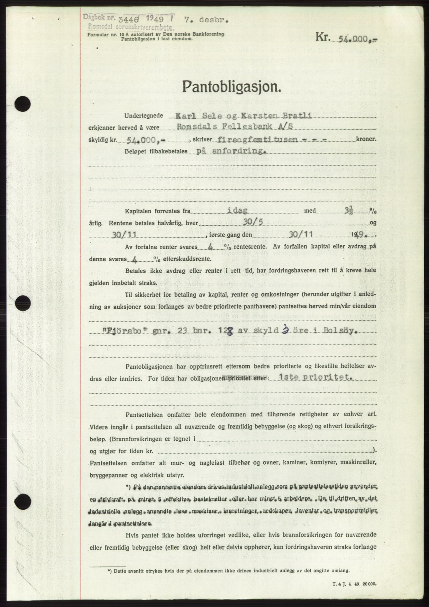 Romsdal sorenskriveri, AV/SAT-A-4149/1/2/2C: Mortgage book no. B5, 1949-1950, Diary no: : 3446/1949