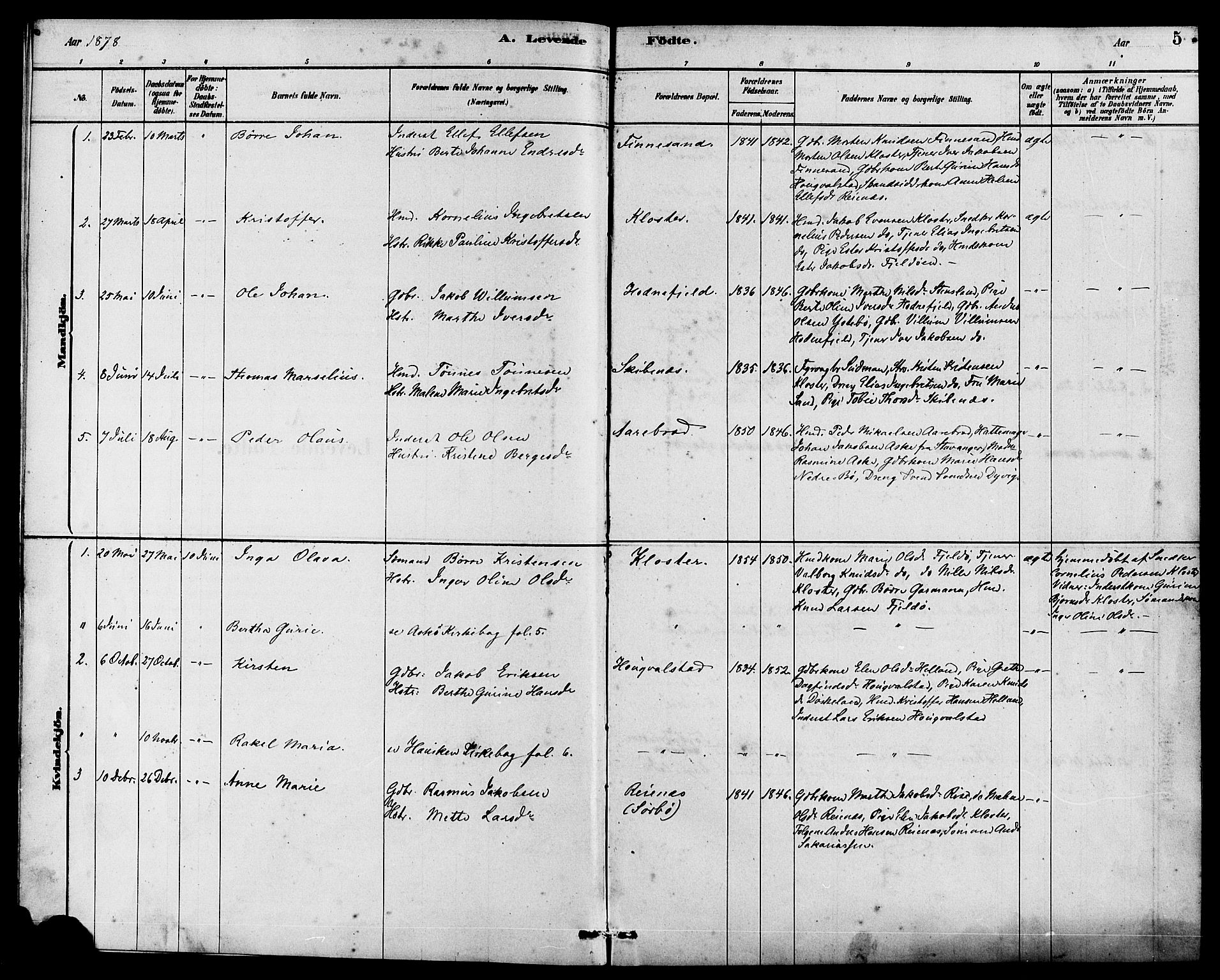 Rennesøy sokneprestkontor, SAST/A -101827/H/Ha/Haa/L0010: Parish register (official) no. A 10, 1878-1890, p. 5