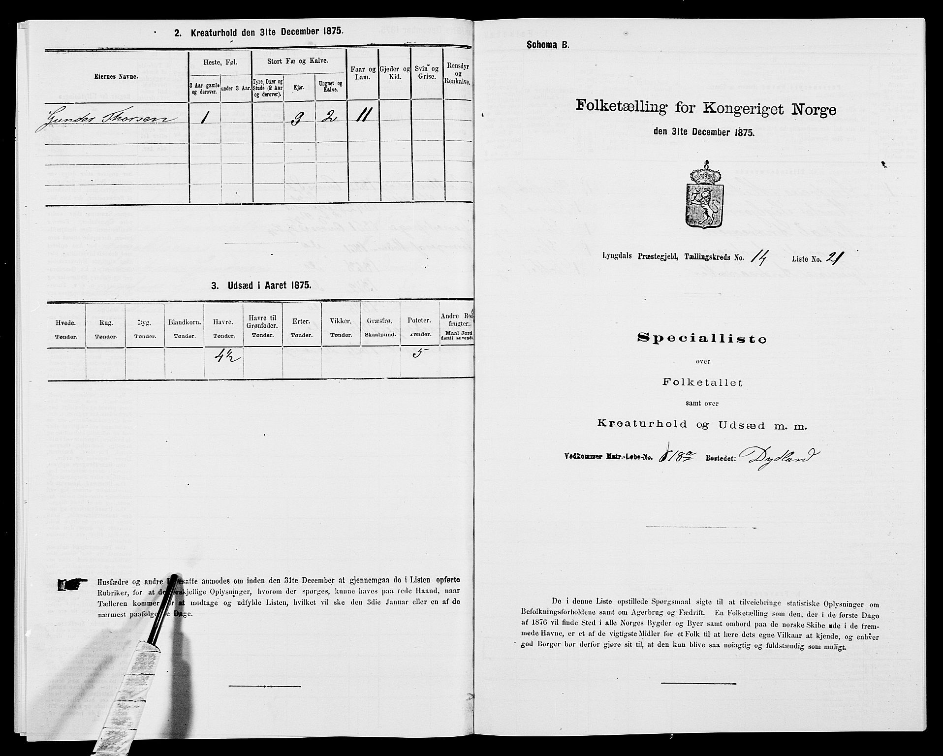 SAK, 1875 census for 1032P Lyngdal, 1875, p. 2057