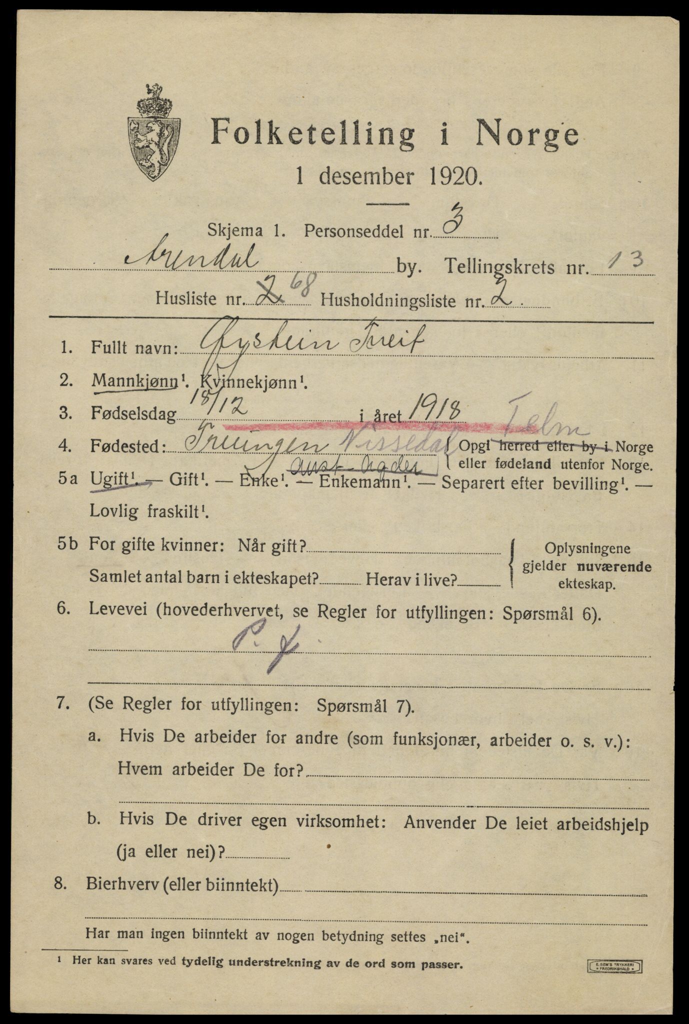 SAK, 1920 census for Arendal, 1920, p. 21038