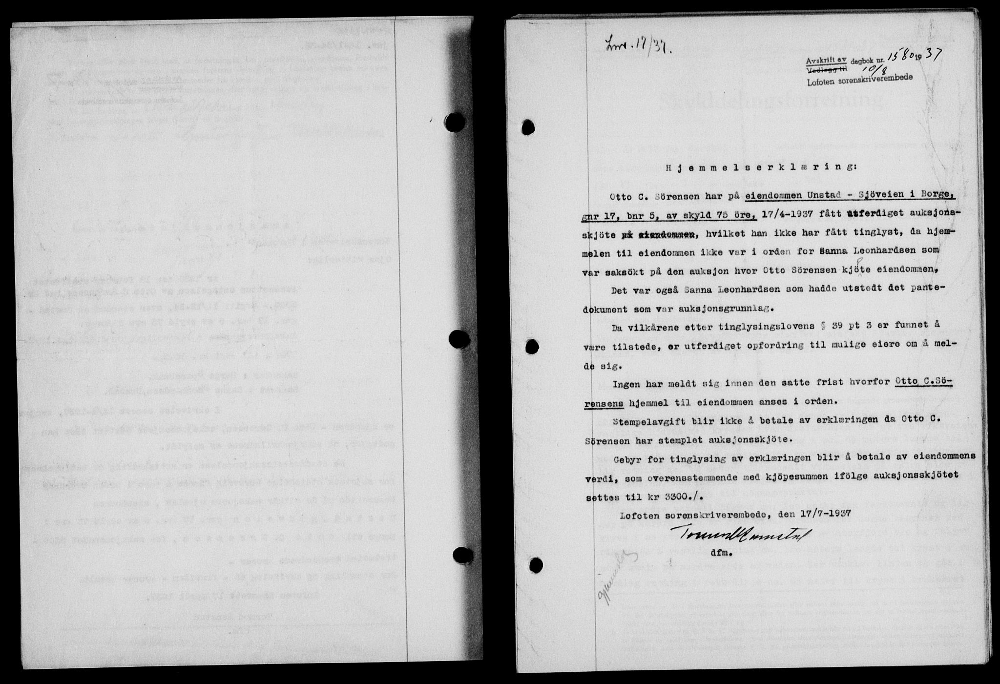 Lofoten sorenskriveri, SAT/A-0017/1/2/2C/L0002a: Mortgage book no. 2a, 1937-1937, Diary no: : 1580/1937