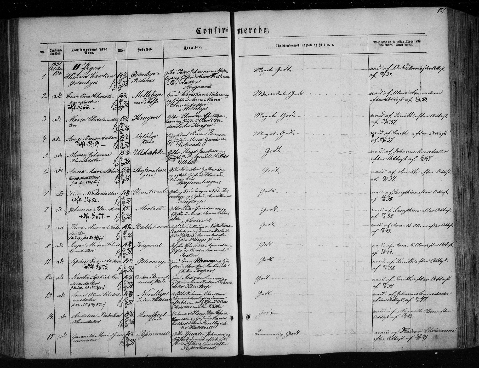 Eidsberg prestekontor Kirkebøker, SAO/A-10905/F/Fa/L0009: Parish register (official) no. I 9, 1849-1856, p. 187