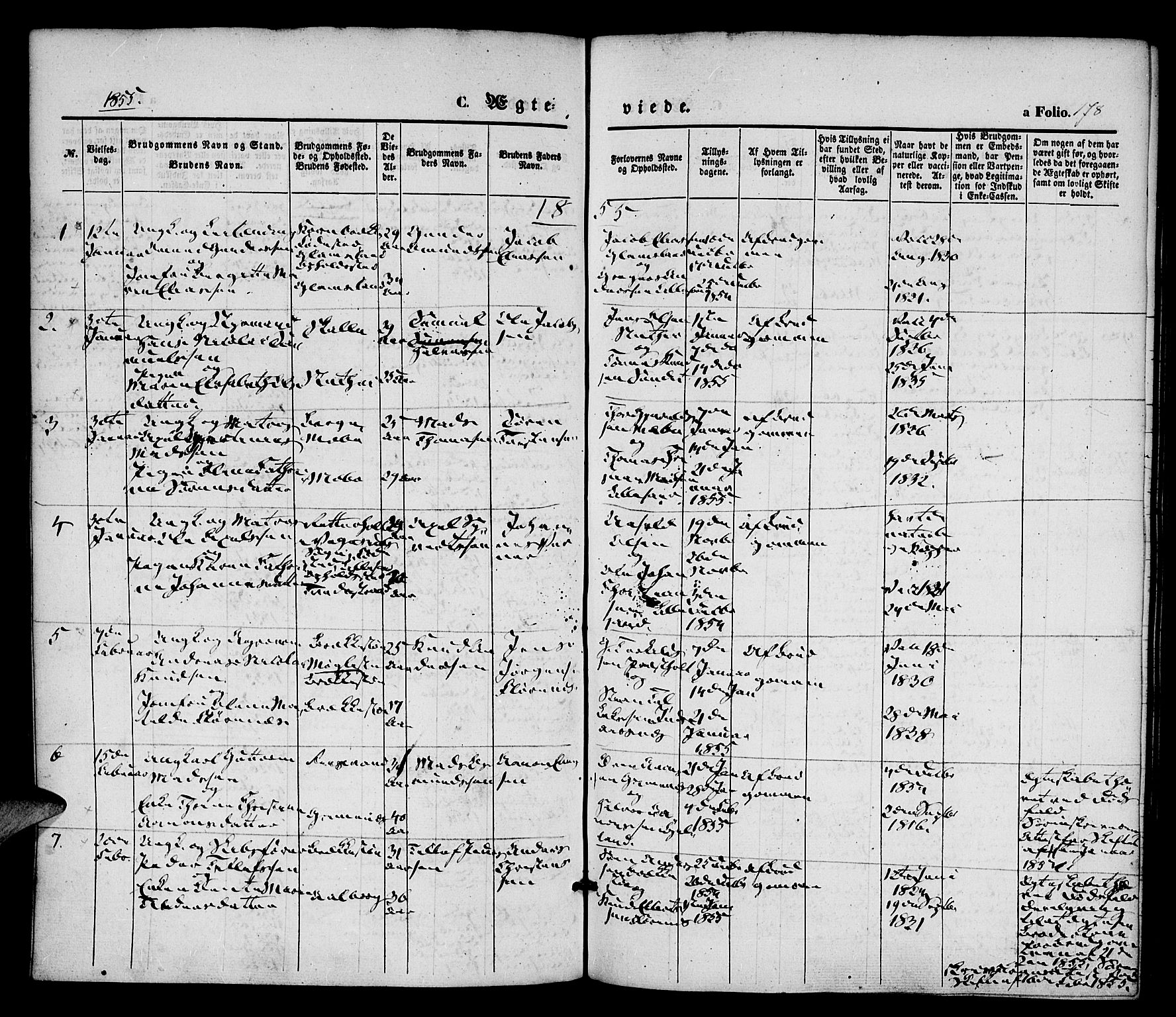Vestre Moland sokneprestkontor, SAK/1111-0046/F/Fa/Fab/L0006: Parish register (official) no. A 6, 1850-1858, p. 178