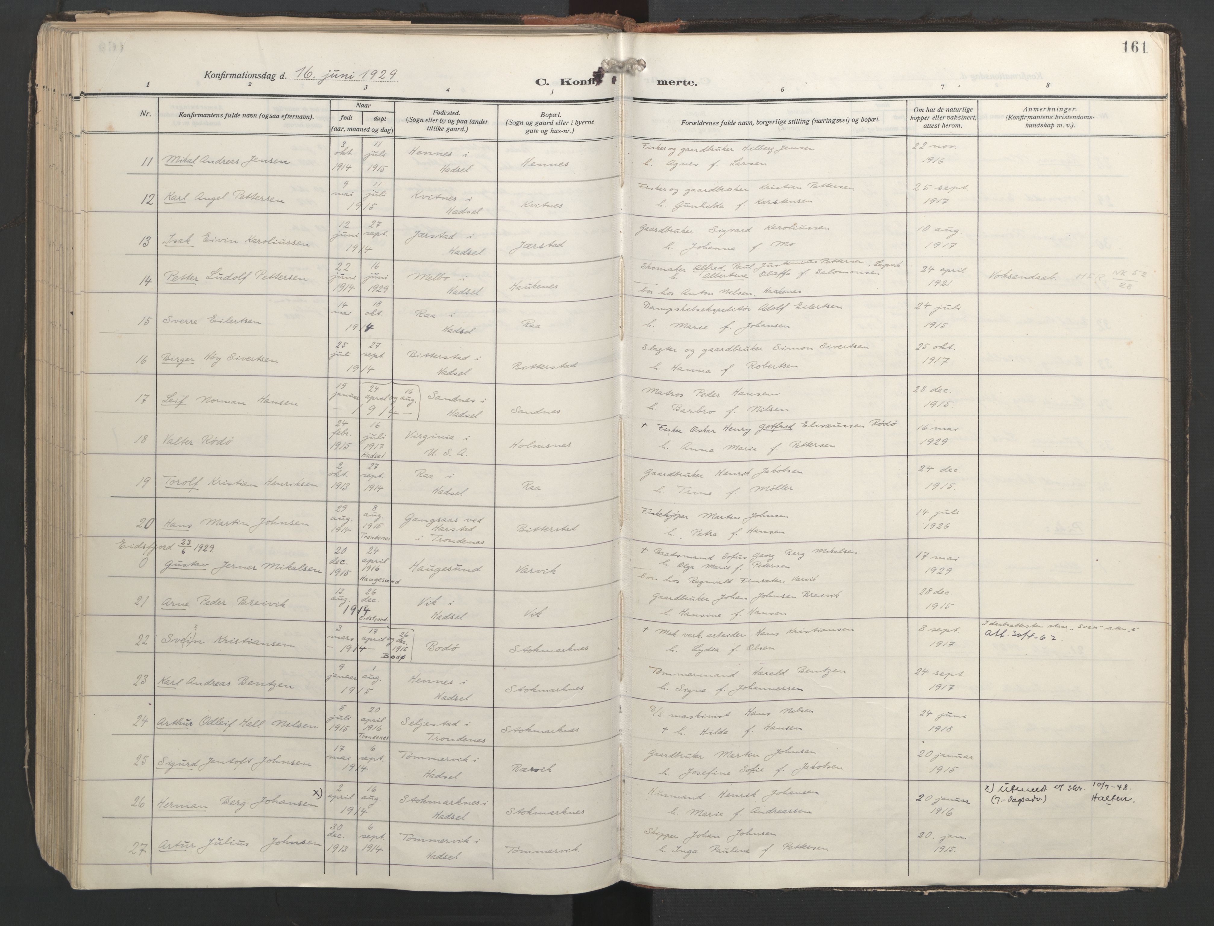 Ministerialprotokoller, klokkerbøker og fødselsregistre - Nordland, SAT/A-1459/888/L1249: Parish register (official) no. 888A15, 1911-1929, p. 161