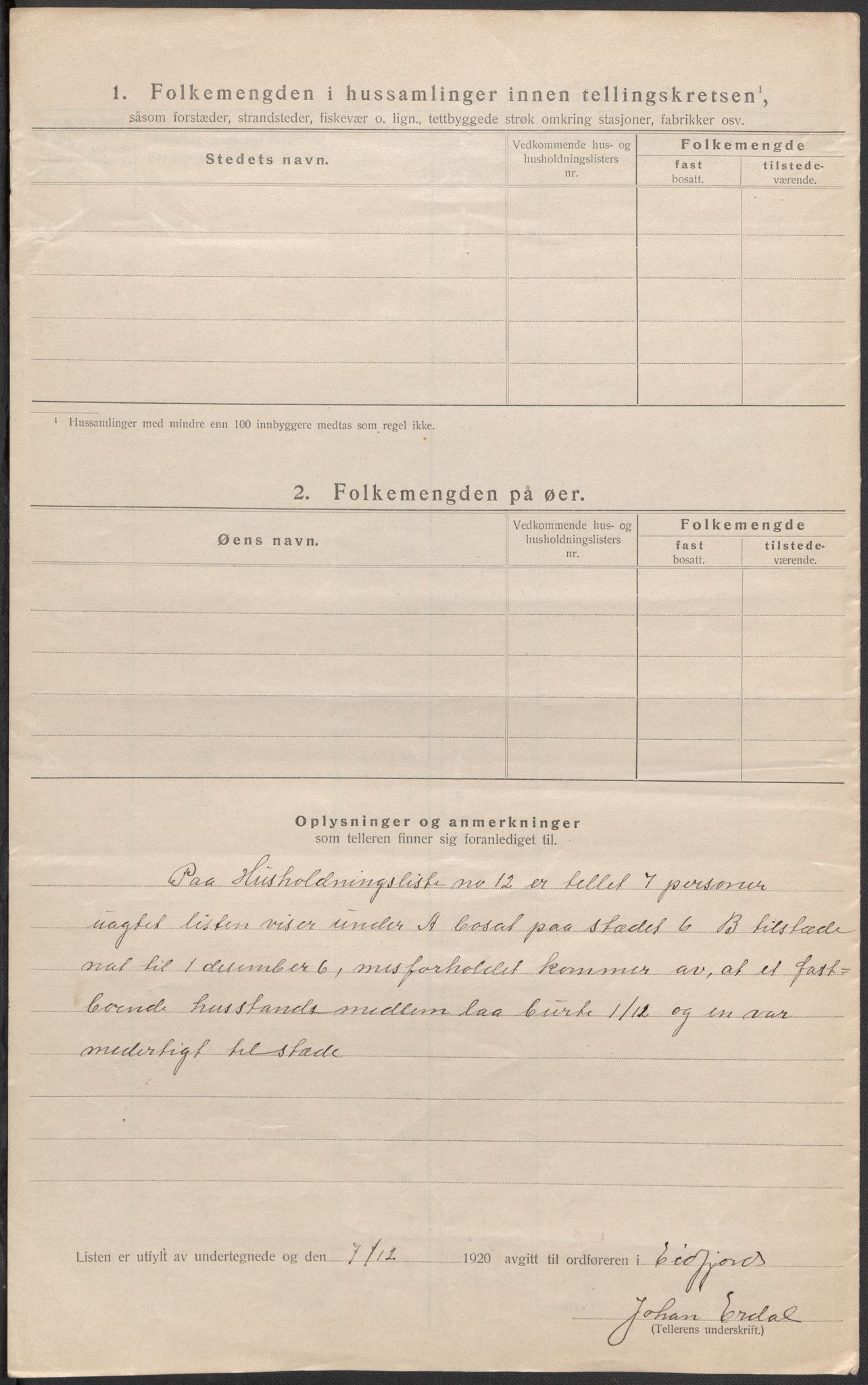 SAB, 1920 census for Eidfjord, 1920, p. 7