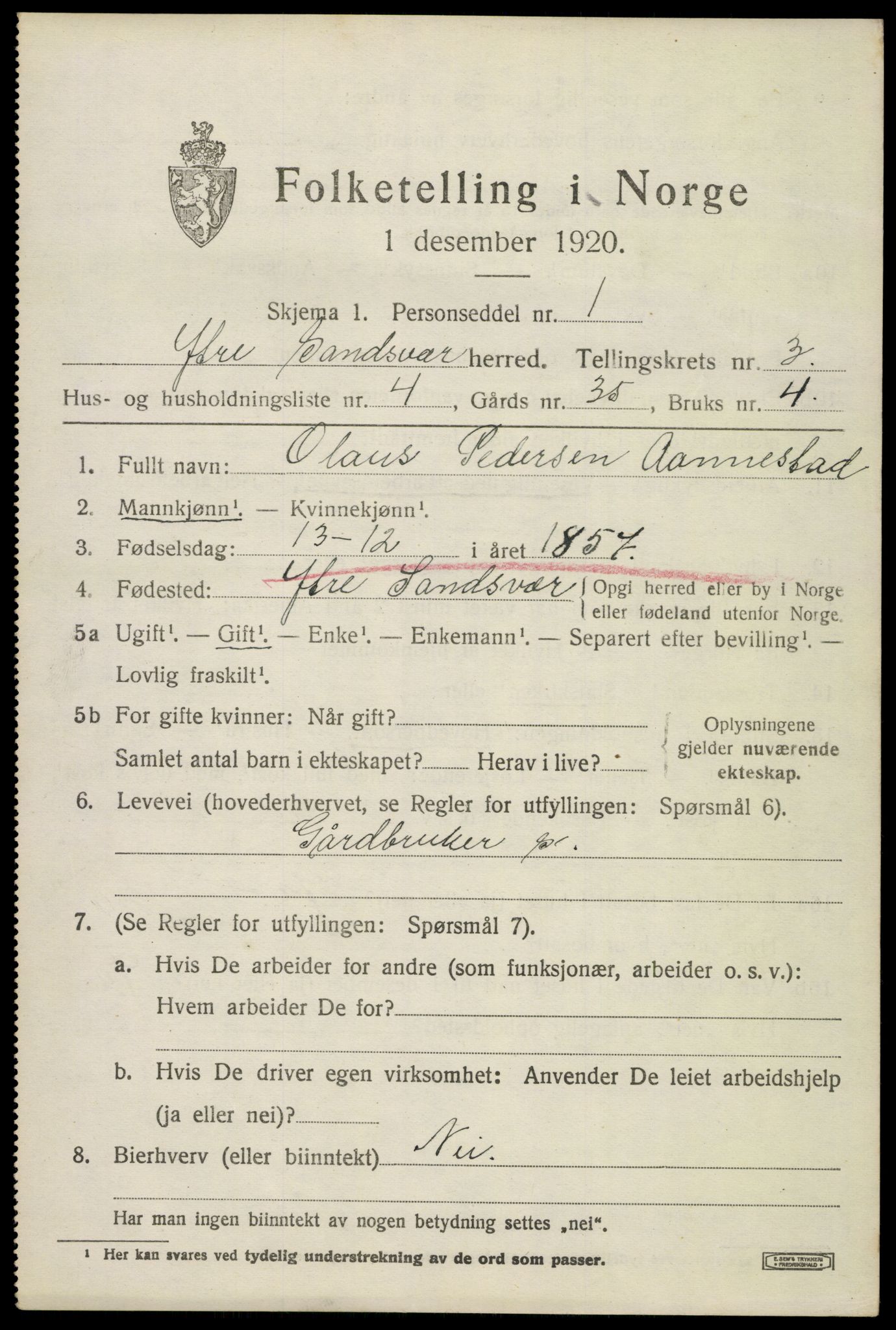 SAKO, 1920 census for Ytre Sandsvær, 1920, p. 3726