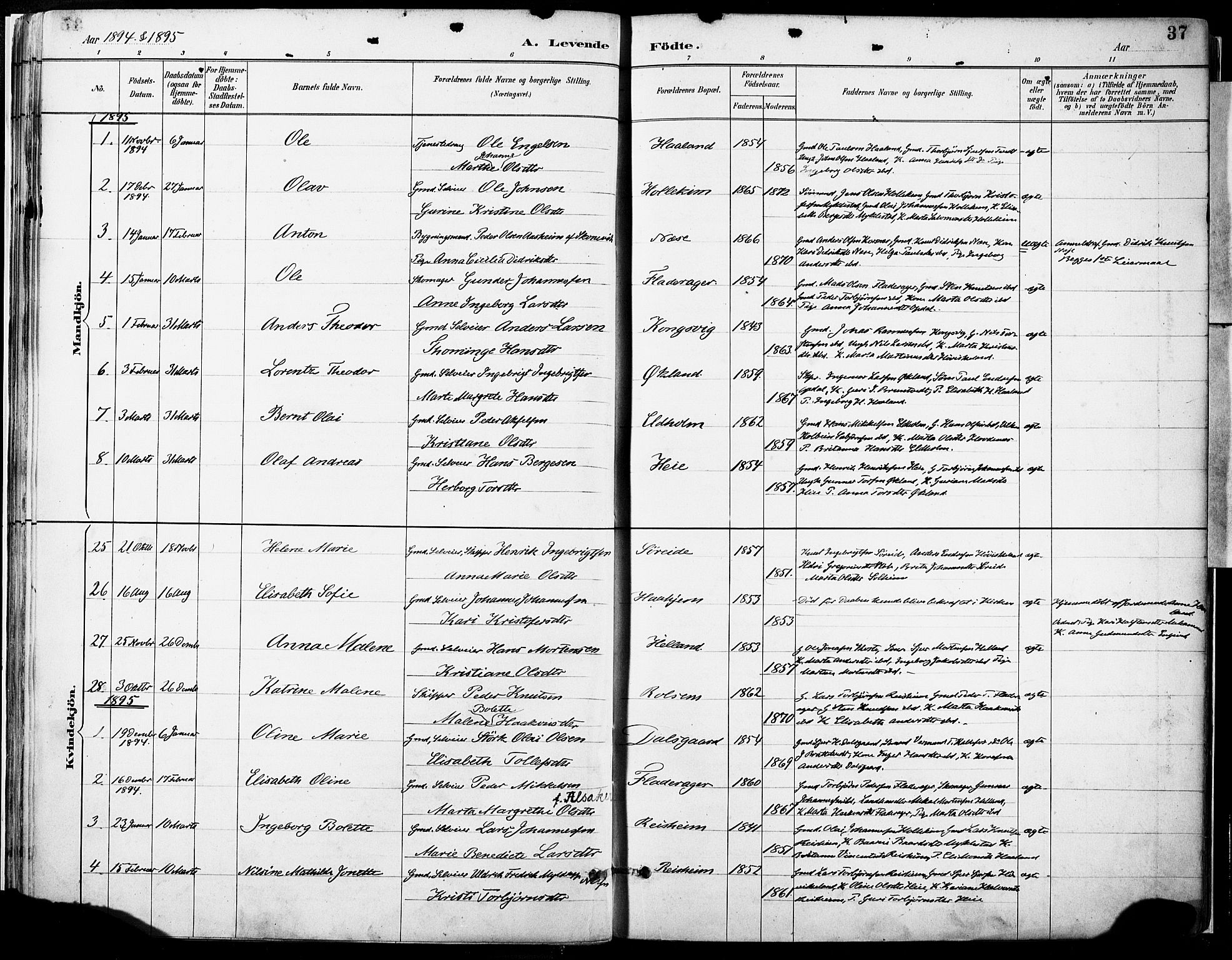 Tysnes sokneprestembete, SAB/A-78601/H/Haa: Parish register (official) no. D 1, 1887-1904, p. 37