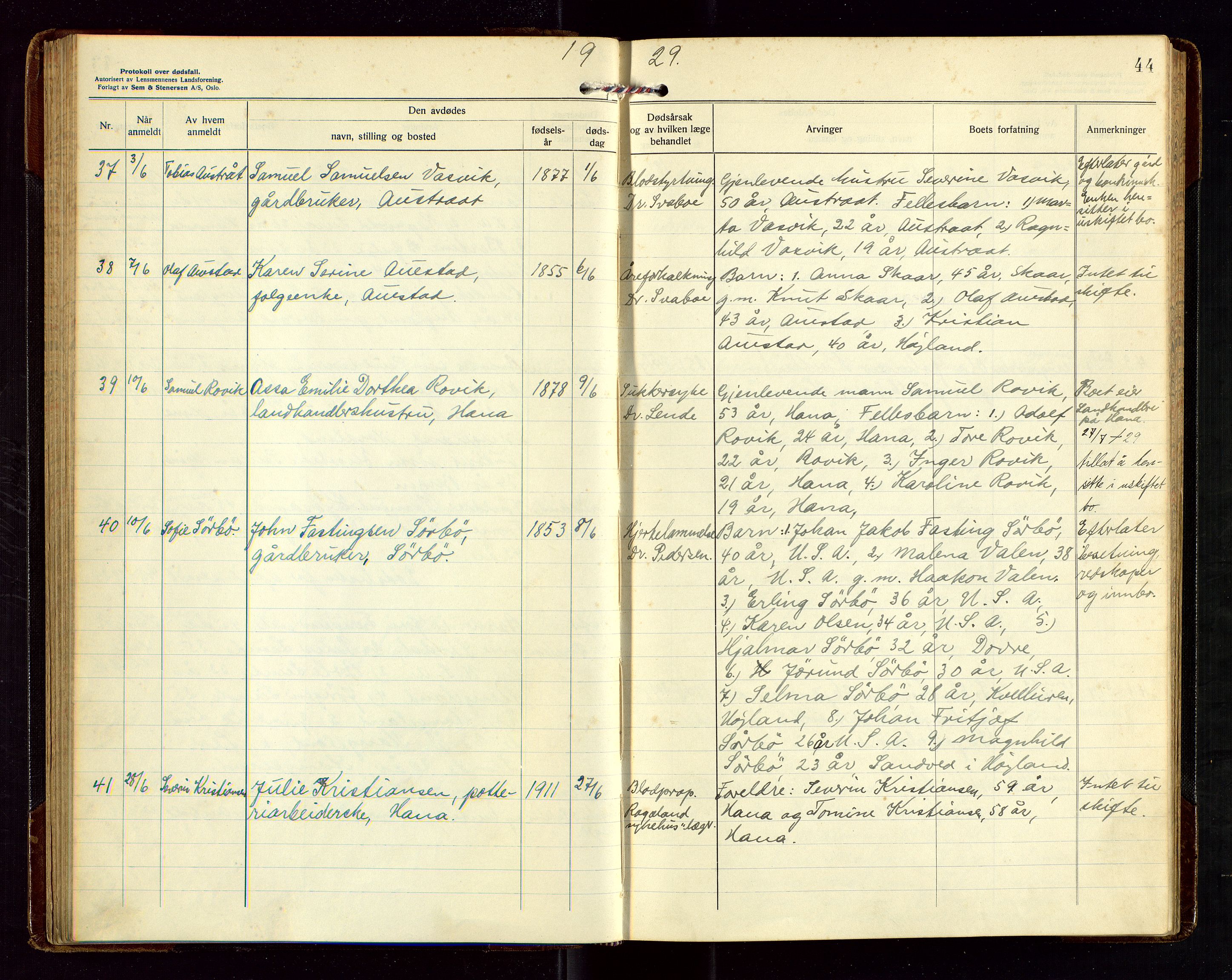 Høyland/Sandnes lensmannskontor, AV/SAST-A-100166/Gga/L0006: "Protkokoll over anmeldte dødsfall i Høylands lensmandsdistrikt", 1926-1937, p. 44