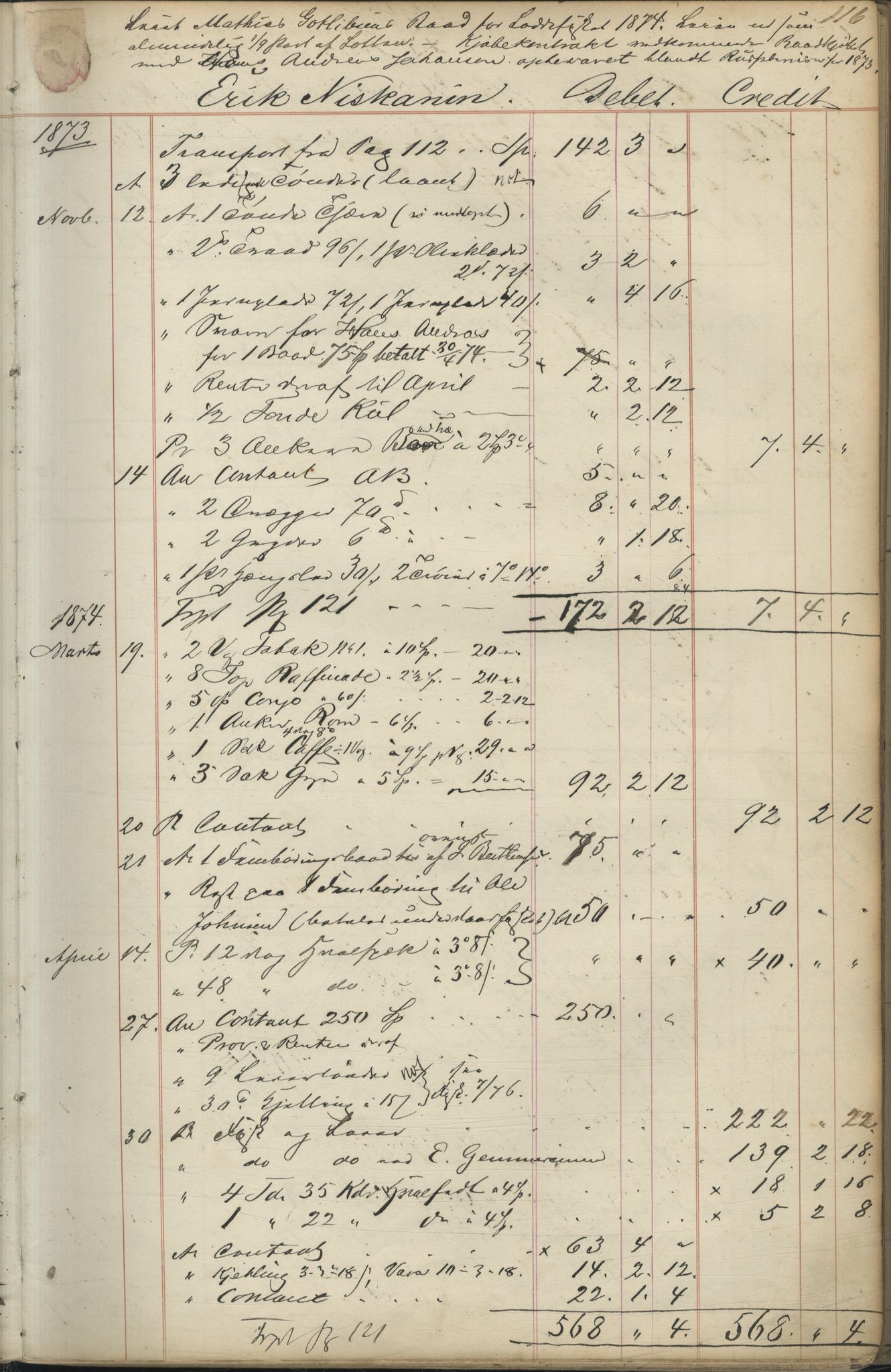 Brodtkorb handel A/S, VAMU/A-0001/F/Fc/L0001/0001: Konto for kvener og nordmenn på Kolahalvøya  / Conto for Kvæner og Nordmænd paa Russefinmarken No 1, 1868-1894, p. 116