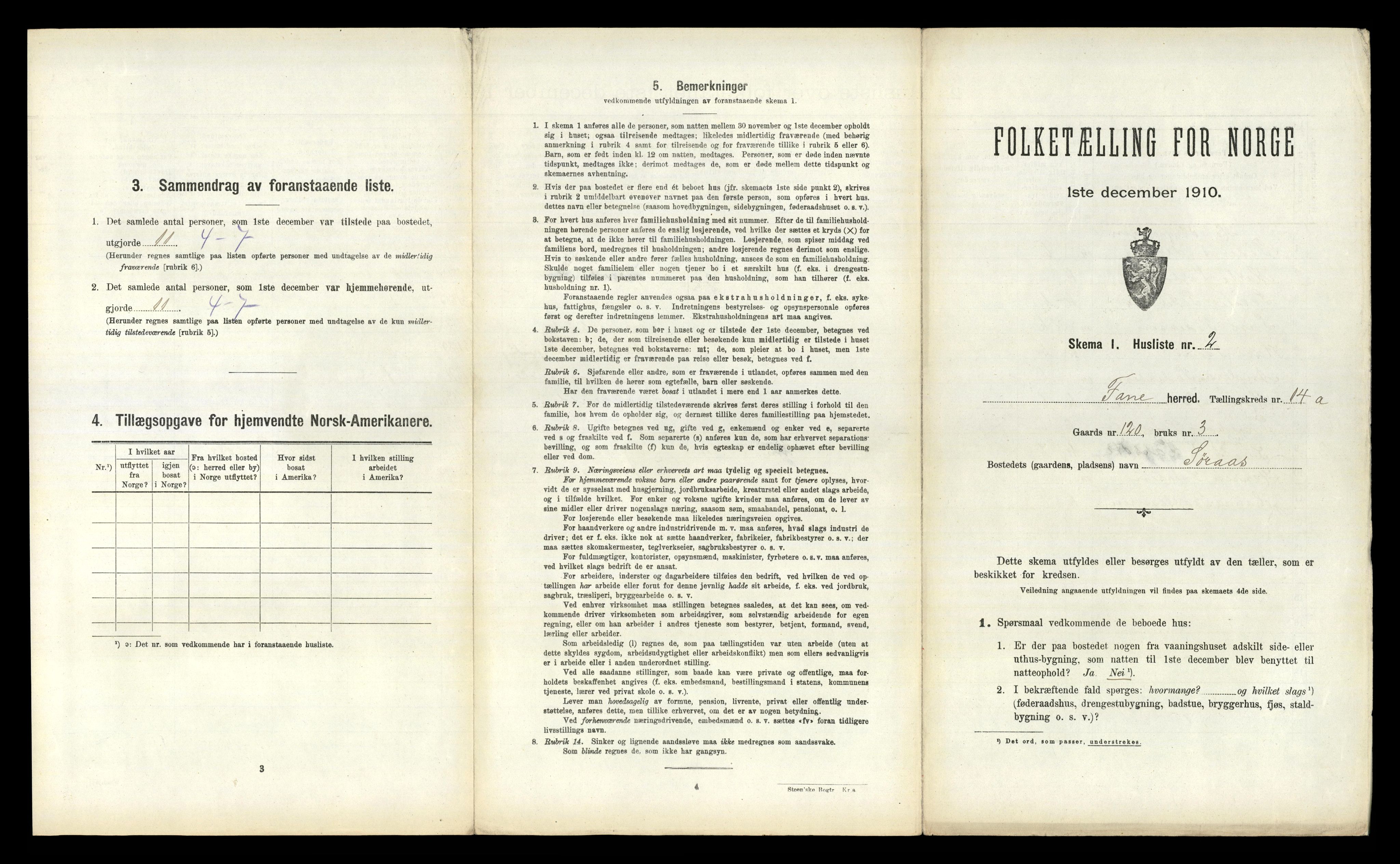 RA, 1910 census for Fana, 1910, p. 1823