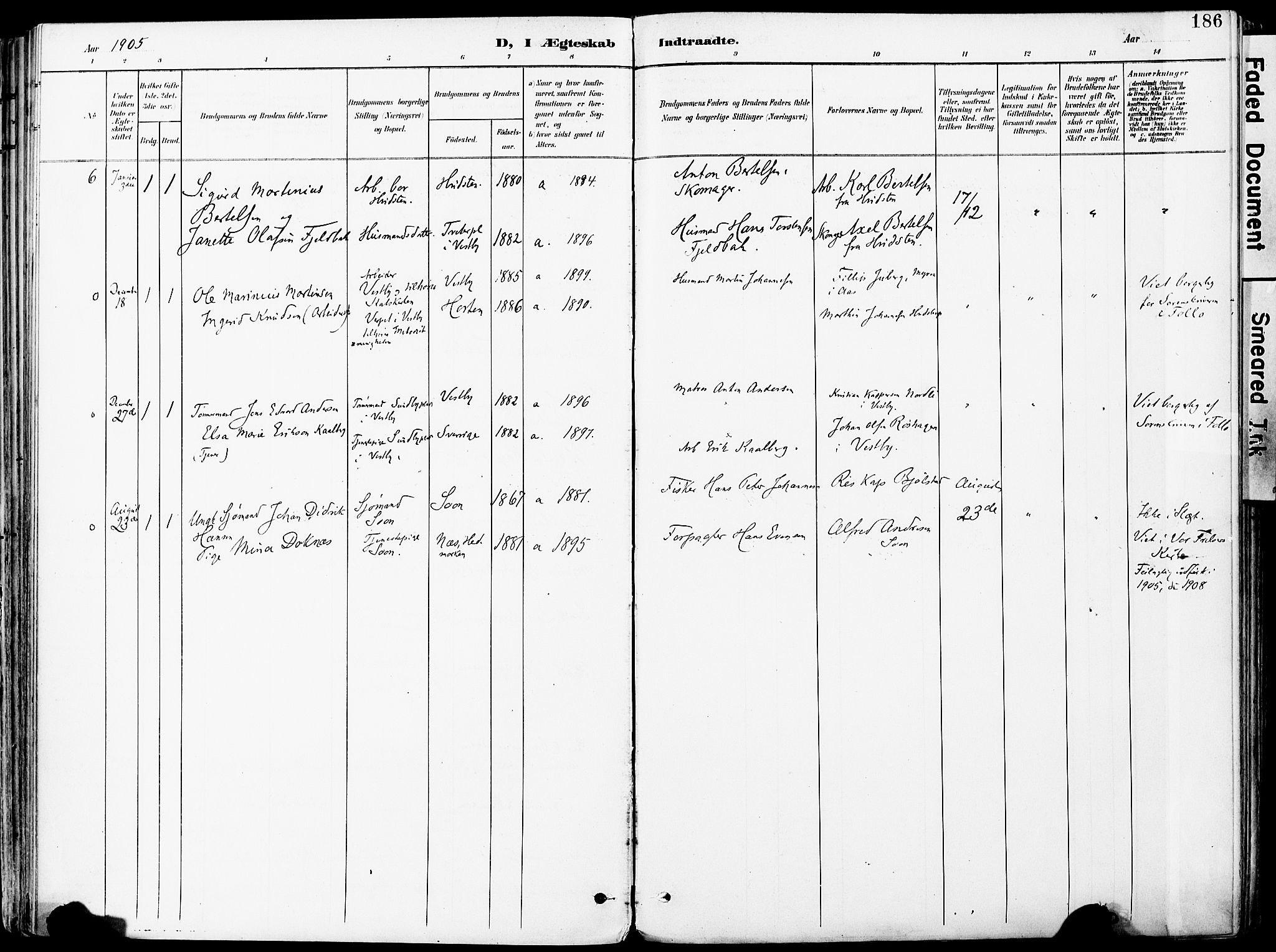 Vestby prestekontor Kirkebøker, AV/SAO-A-10893/F/Fa/L0010: Parish register (official) no. I 10, 1900-1926, p. 186