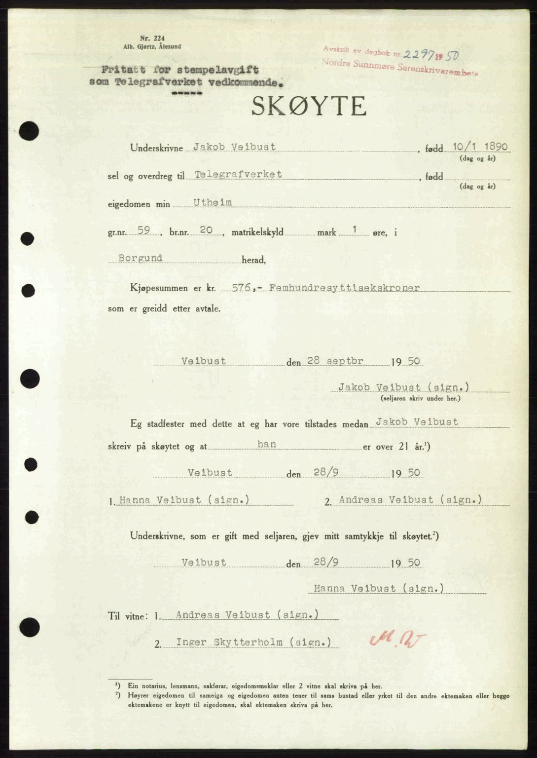 Nordre Sunnmøre sorenskriveri, AV/SAT-A-0006/1/2/2C/2Ca: Mortgage book no. A36, 1950-1950, Diary no: : 2297/1950