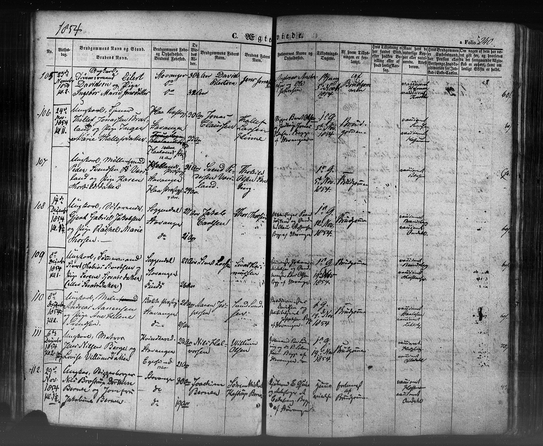 Domkirken sokneprestkontor, AV/SAST-A-101812/001/30/30BB/L0009: Parish register (copy) no. B 9, 1850-1858, p. 240