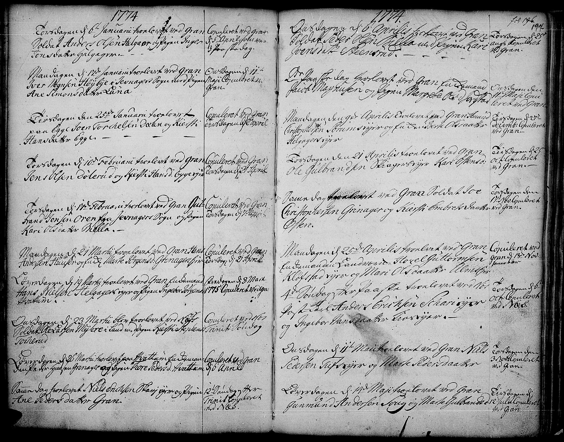 Gran prestekontor, SAH/PREST-112/H/Ha/Haa/L0004: Parish register (official) no. 4, 1759-1775, p. 197
