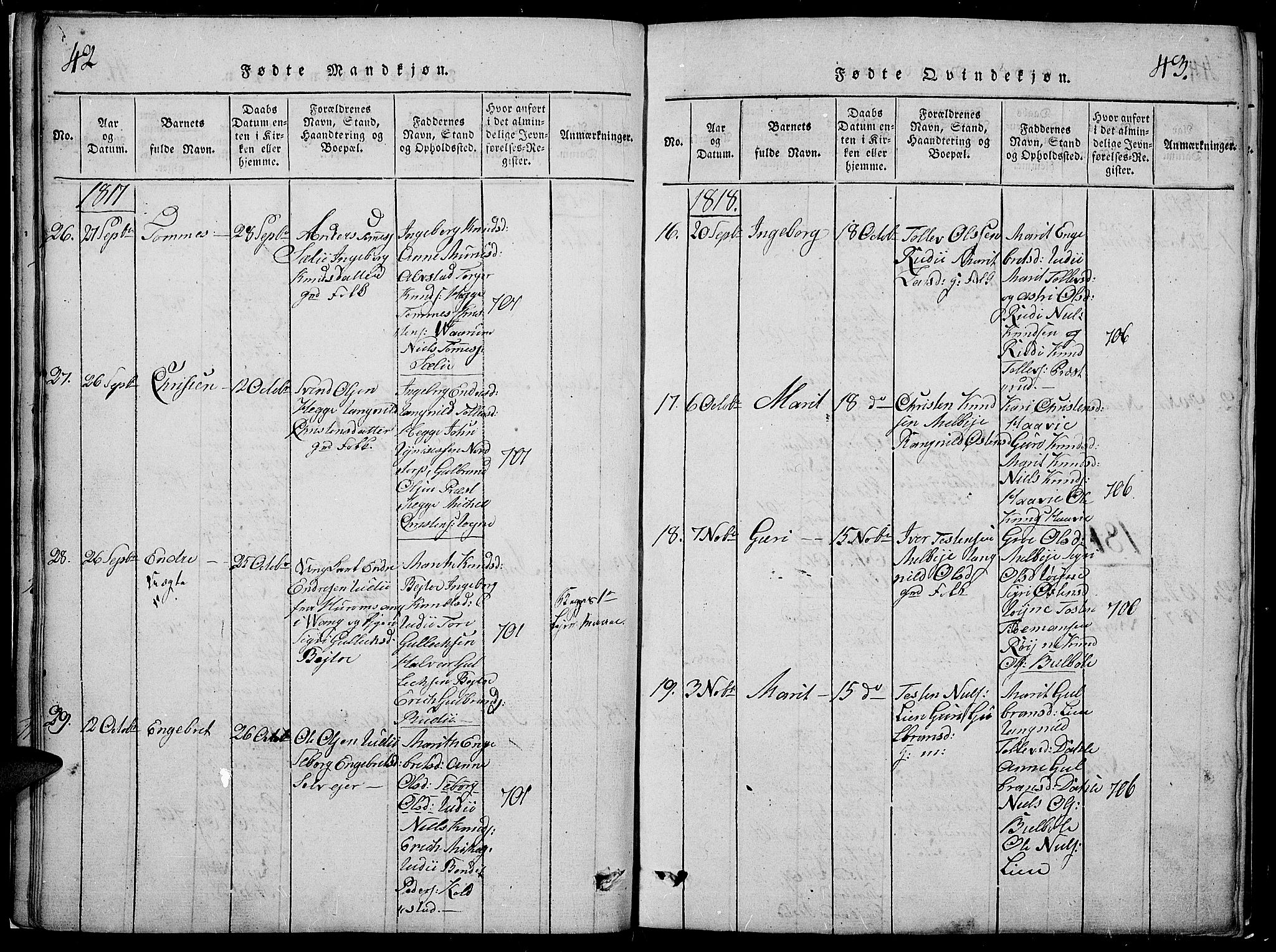 Slidre prestekontor, AV/SAH-PREST-134/H/Ha/Hab/L0002: Parish register (copy) no. 2, 1814-1839, p. 42-43