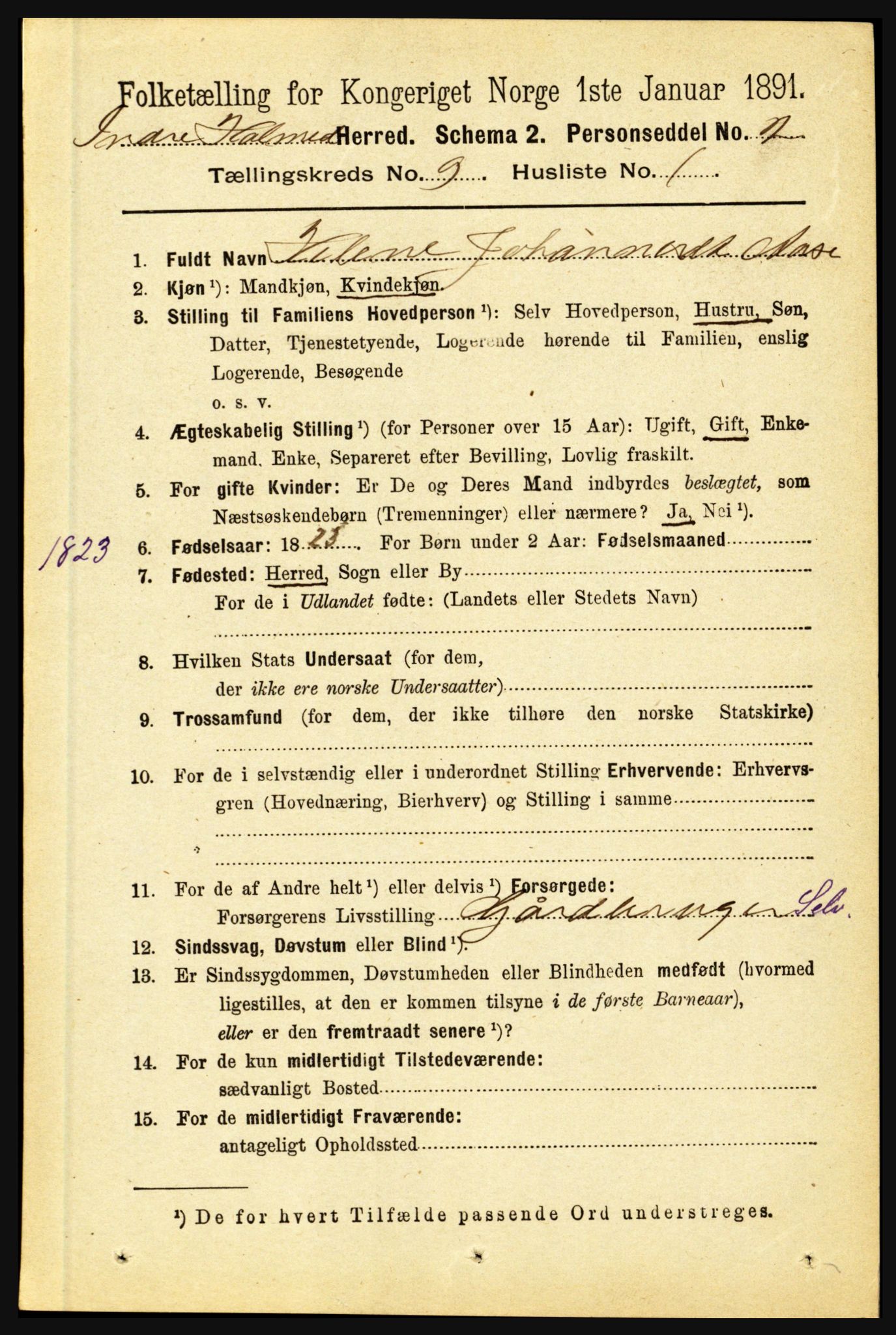 RA, 1891 census for 1430 Indre Holmedal, 1891, p. 4024